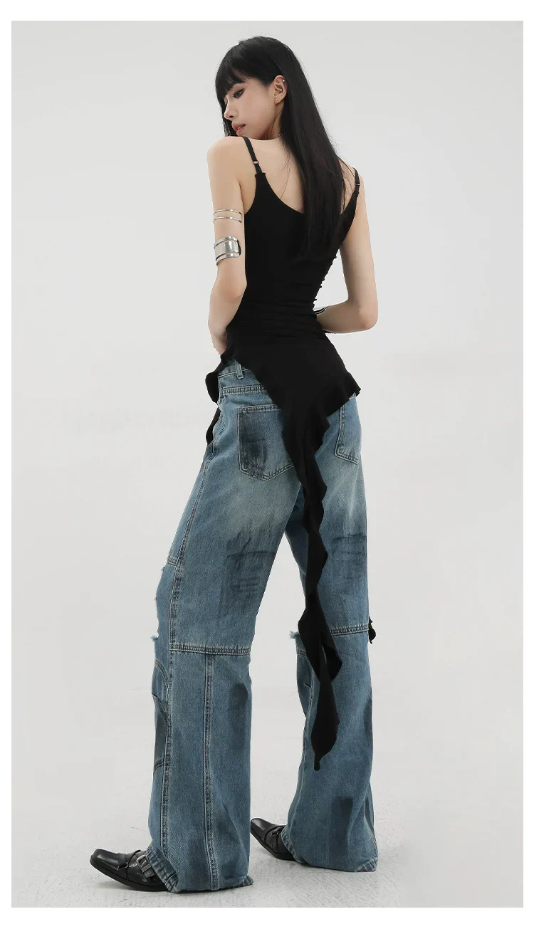 Black Asymmetric Ribbon Strap Tank Top With Ruffle Edge Design - Image 9