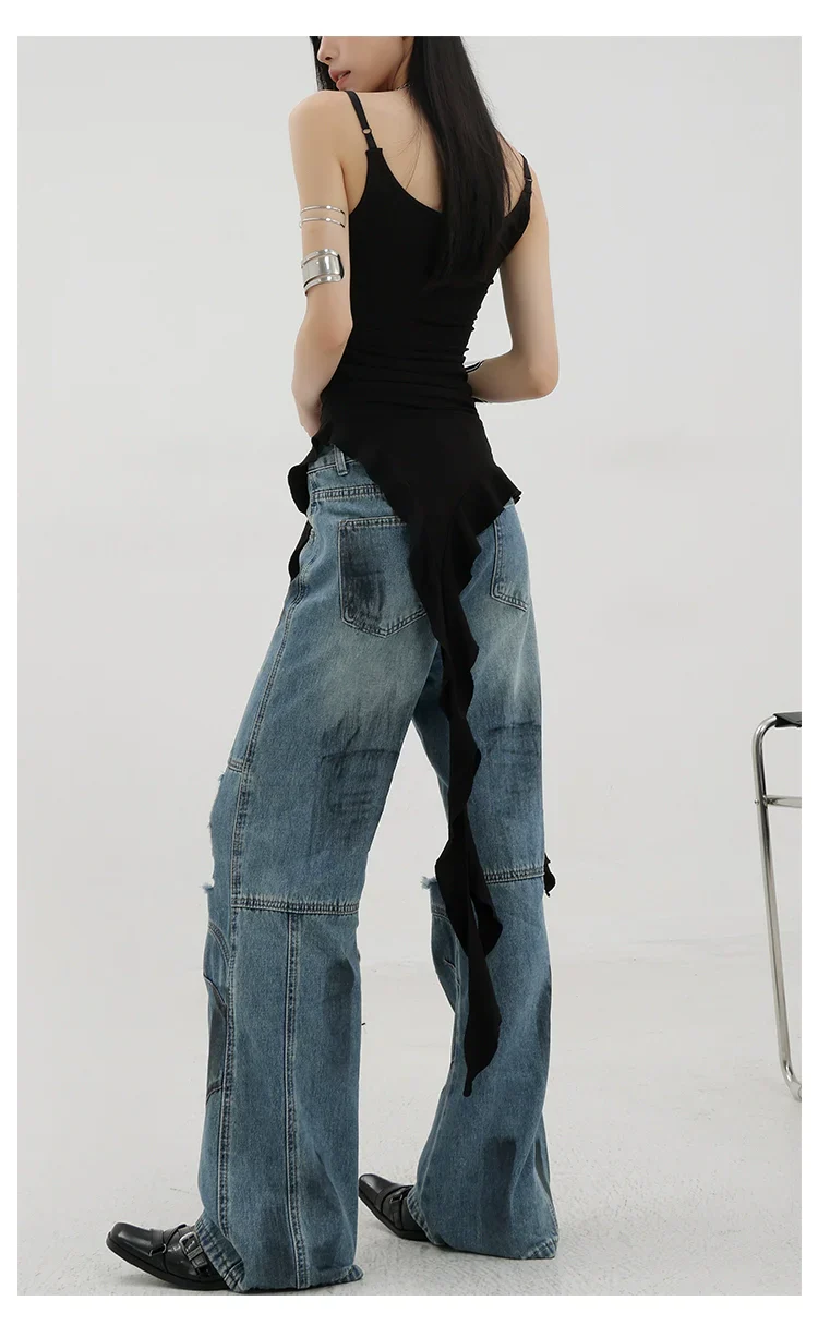 Vintage Distressed And Dirt-Dyed Patchwork Wide-Leg Jeans - Image 10