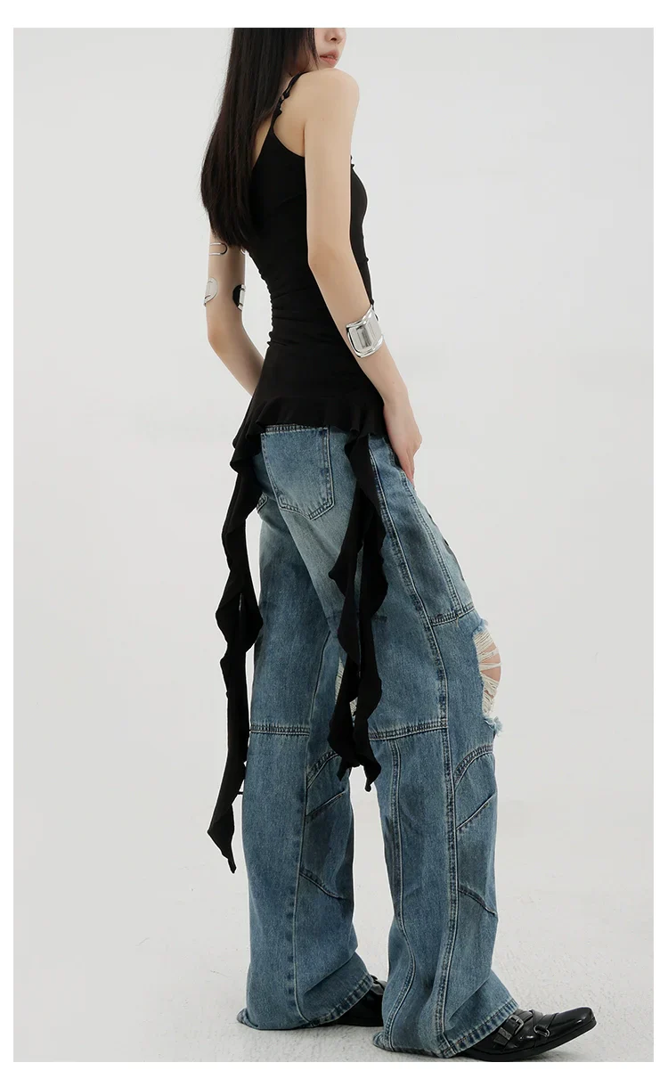 Vintage Distressed And Dirt-Dyed Patchwork Wide-Leg Jeans - Image 11