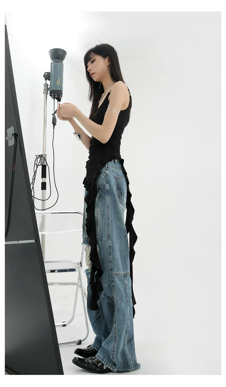 Vintage Distressed And Dirt-Dyed Patchwork Wide-Leg Jeans - Image 12