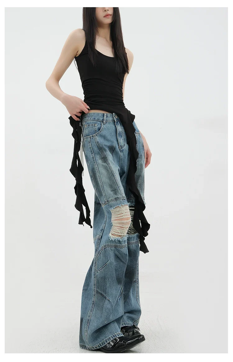 Vintage Distressed And Dirt-Dyed Patchwork Wide-Leg Jeans - Image 13