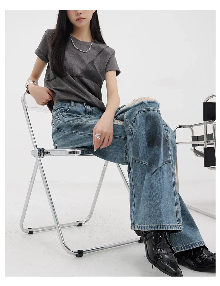 Vintage Distressed And Dirt-Dyed Patchwork Wide-Leg Jeans - Image 14