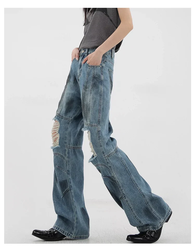 Vintage Distressed And Dirt-Dyed Patchwork Wide-Leg Jeans - Image 16