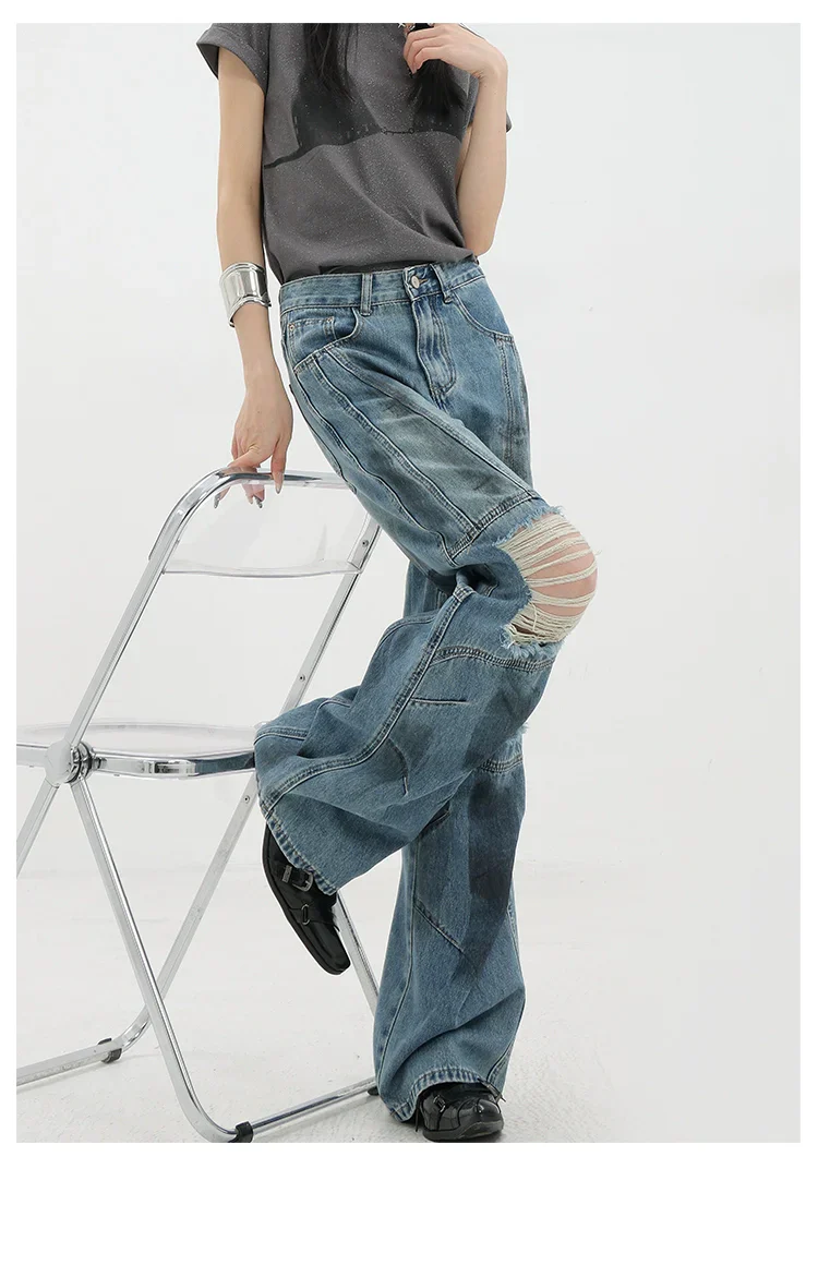 Vintage Distressed And Dirt-Dyed Patchwork Wide-Leg Jeans - Image 17