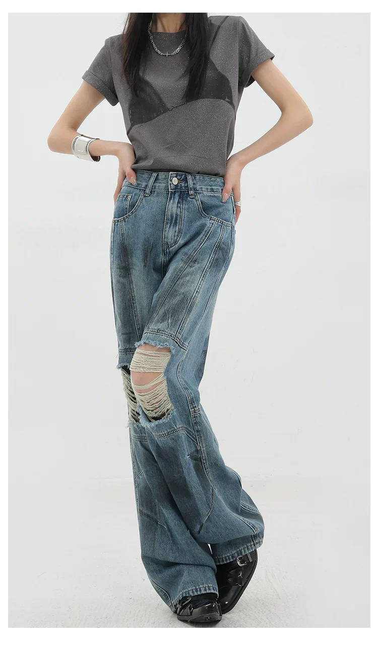 Vintage Distressed And Dirt-Dyed Patchwork Wide-Leg Jeans - Image 18