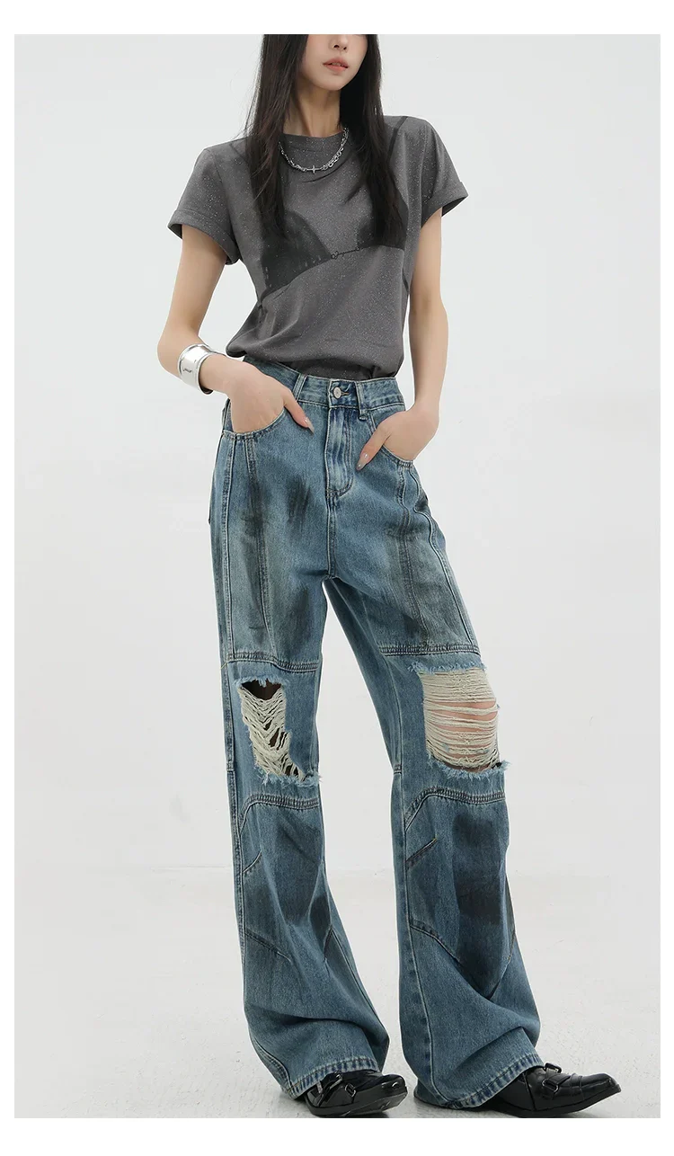 Vintage Distressed And Dirt-Dyed Patchwork Wide-Leg Jeans - Image 20