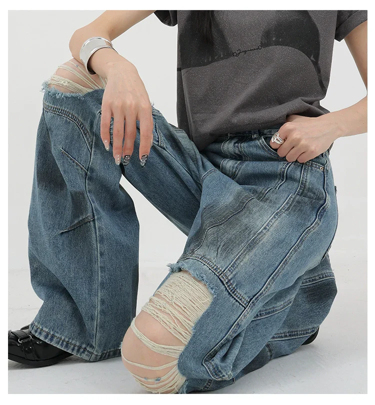 Vintage Distressed And Dirt-Dyed Patchwork Wide-Leg Jeans - Image 21