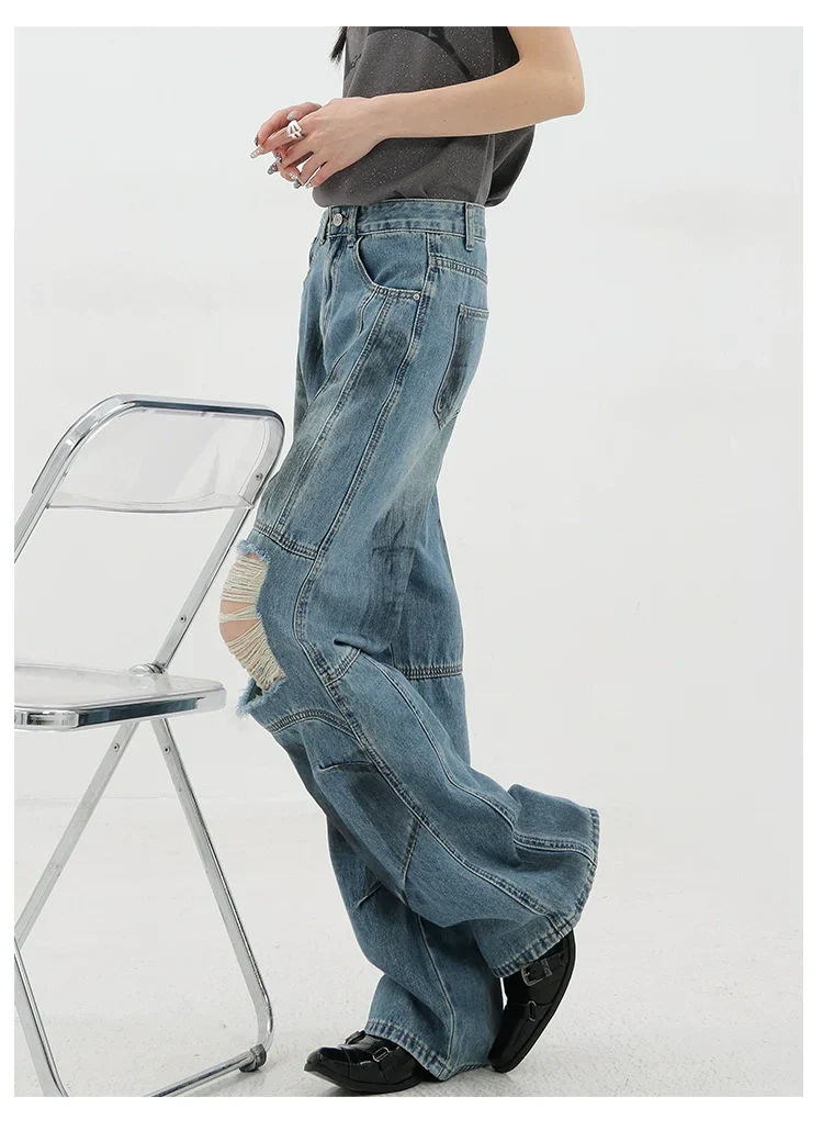 Vintage Distressed And Dirt-Dyed Patchwork Wide-Leg Jeans - Image 22