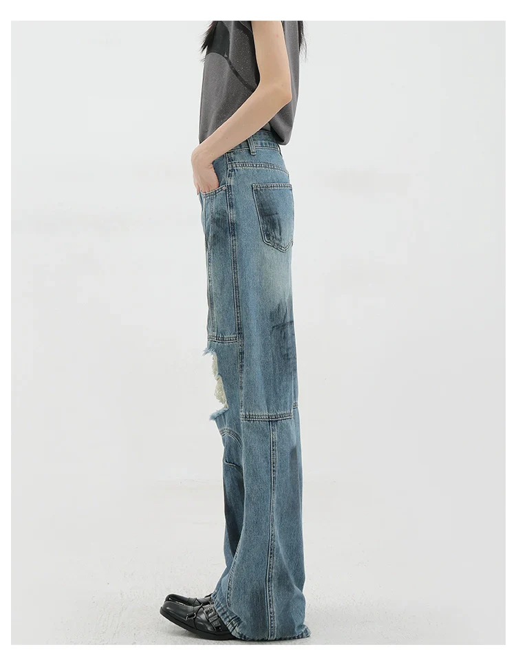 Vintage Distressed And Dirt-Dyed Patchwork Wide-Leg Jeans - Image 24