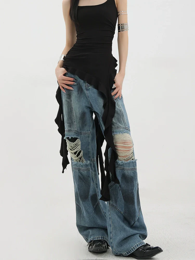 Vintage Distressed And Dirt-Dyed Patchwork Wide-Leg Jeans - Image 3