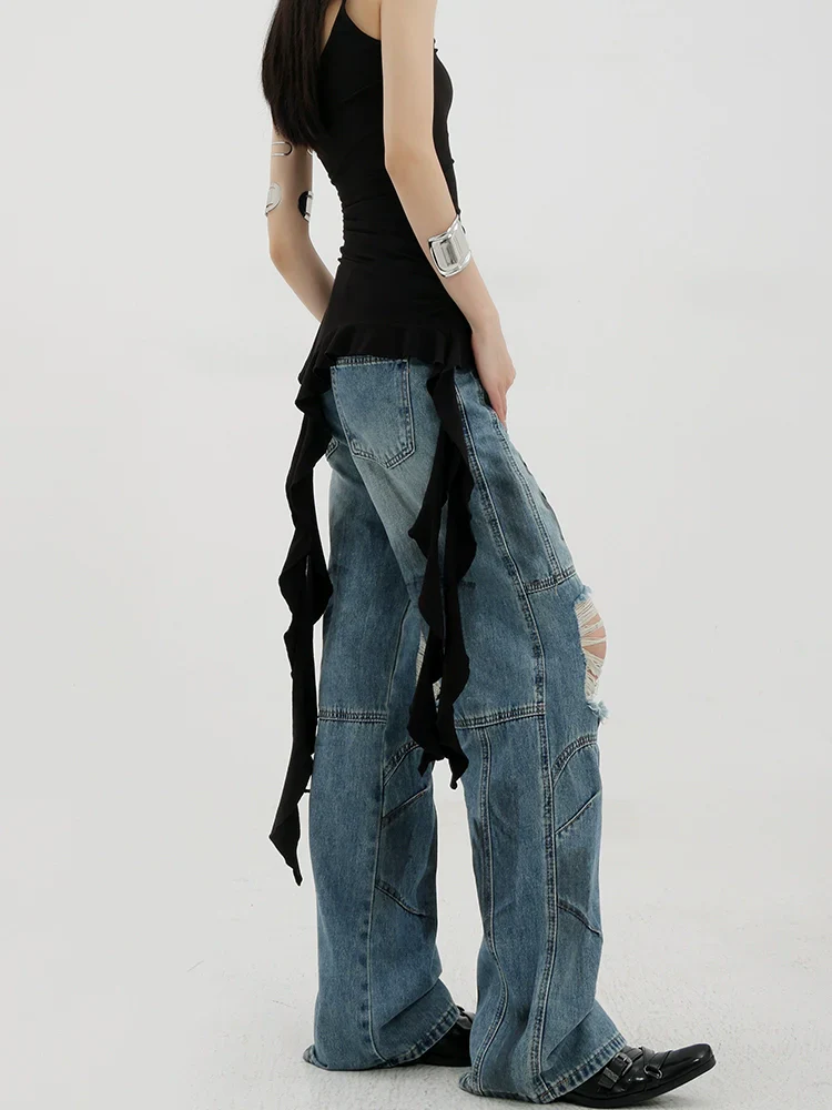 Vintage Distressed And Dirt-Dyed Patchwork Wide-Leg Jeans - Image 5