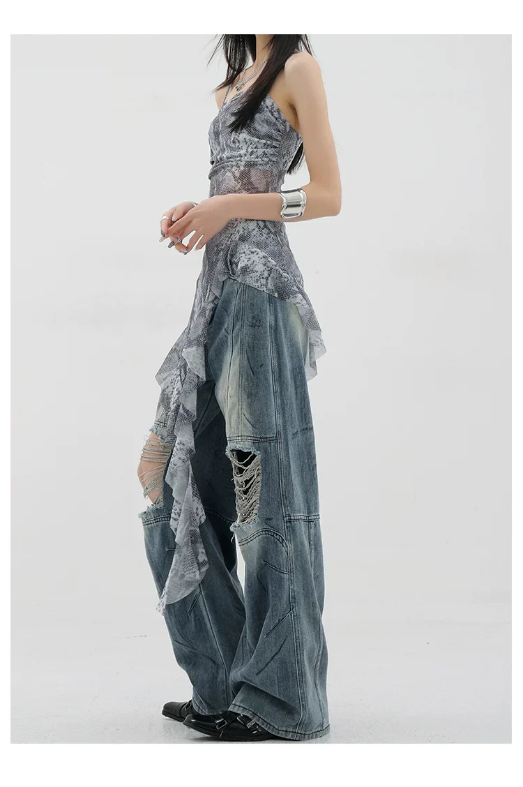 Vintage Distressed And Dirt-Dyed Patchwork Wide-Leg Jeans - Image 50