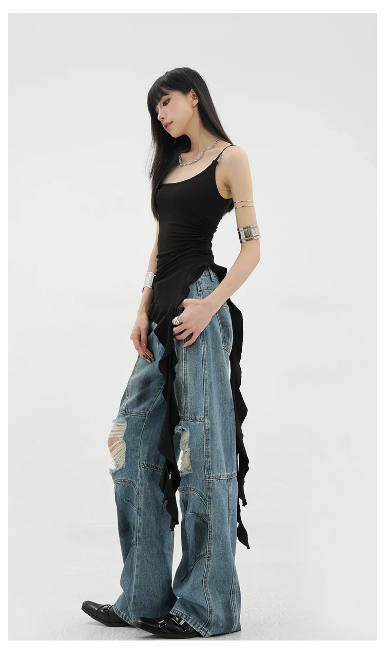 Vintage Distressed And Dirt-Dyed Patchwork Wide-Leg Jeans - Image 6