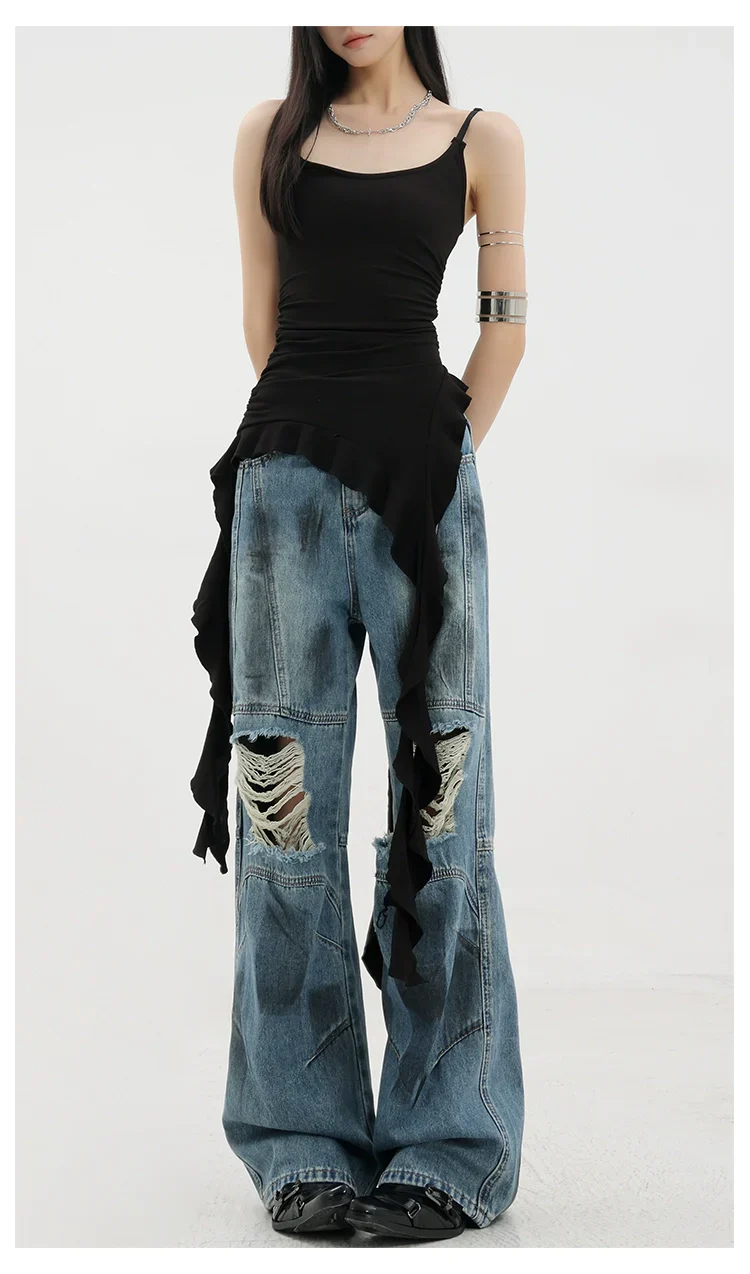 Vintage Distressed And Dirt-Dyed Patchwork Wide-Leg Jeans - Image 7
