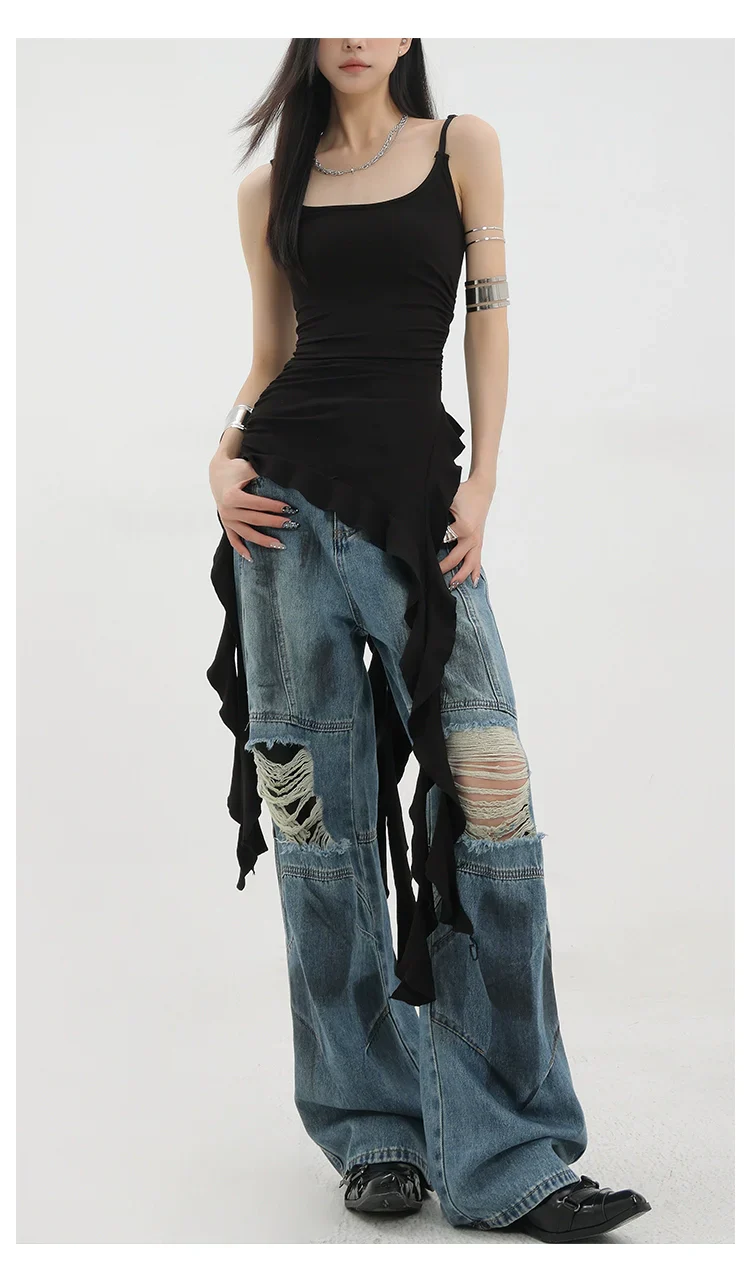 Vintage Distressed And Dirt-Dyed Patchwork Wide-Leg Jeans - Image 8