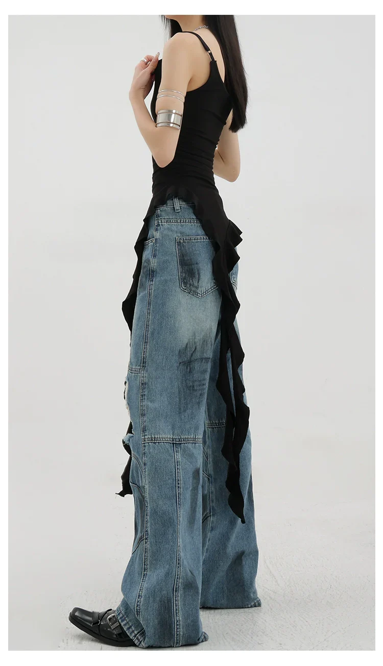 Vintage Distressed And Dirt-Dyed Patchwork Wide-Leg Jeans - Image 9
