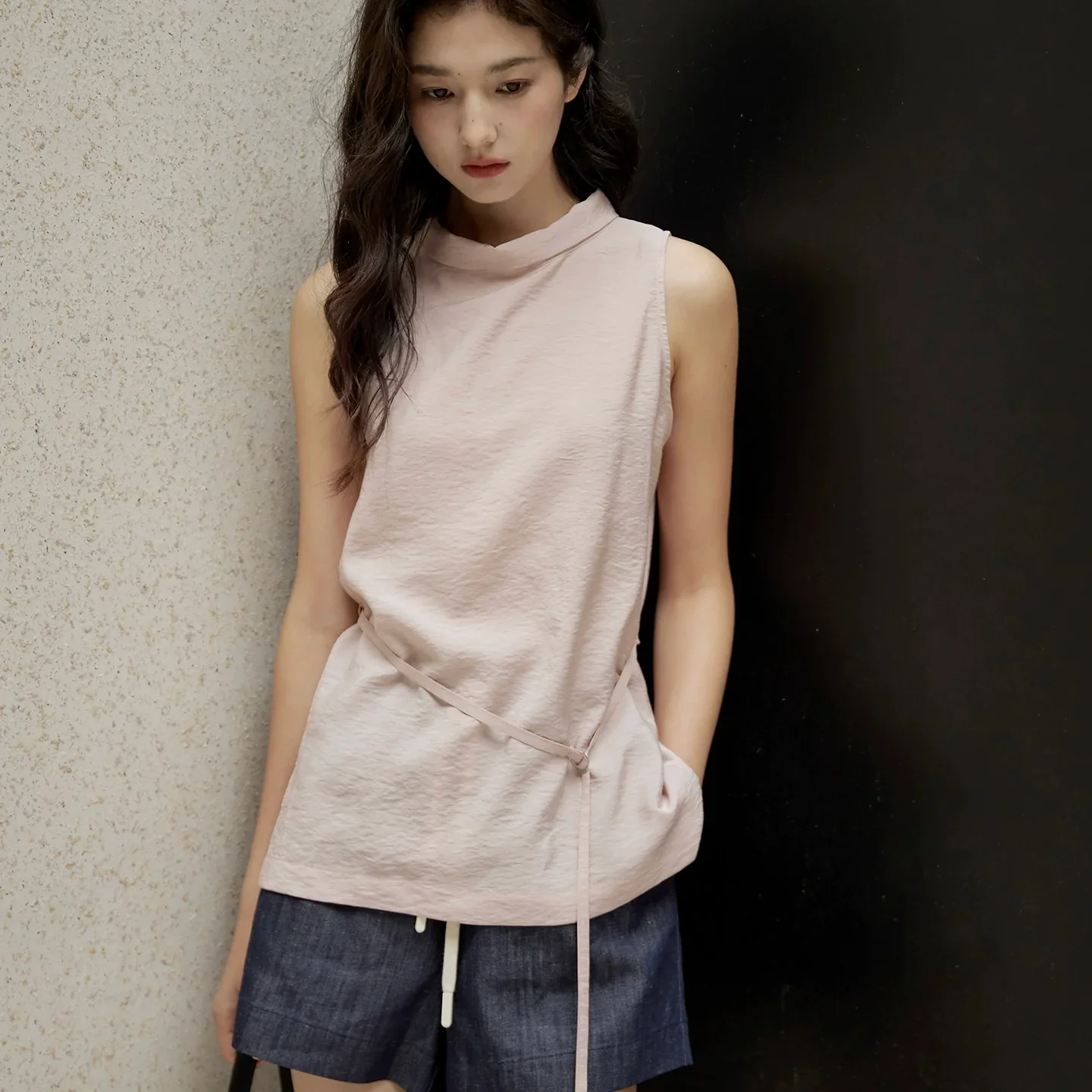 Sleeveless Light Pink Belted Top - Image 36