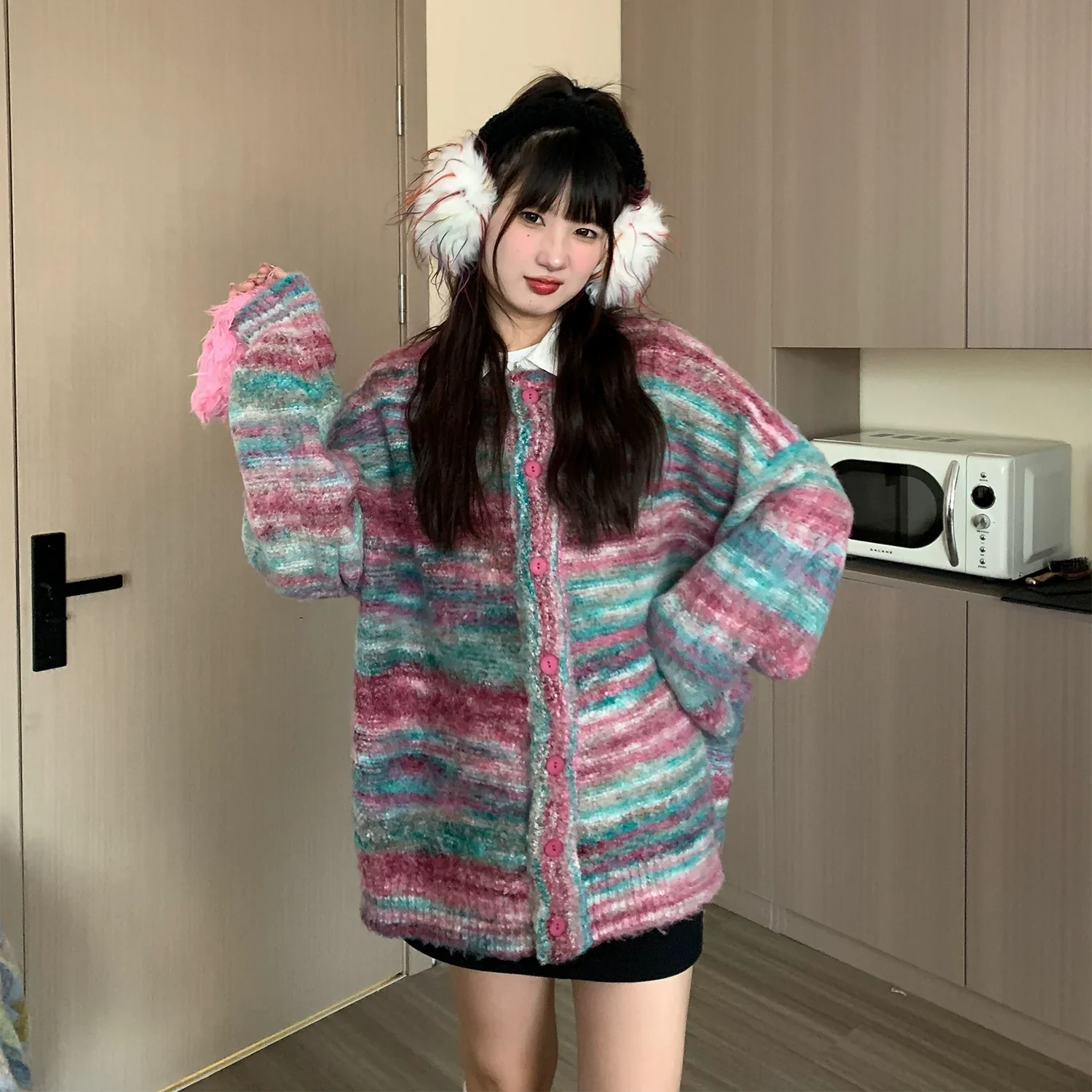 Oversized Fuzzy Striped Button-Up Cardigan - Image 10