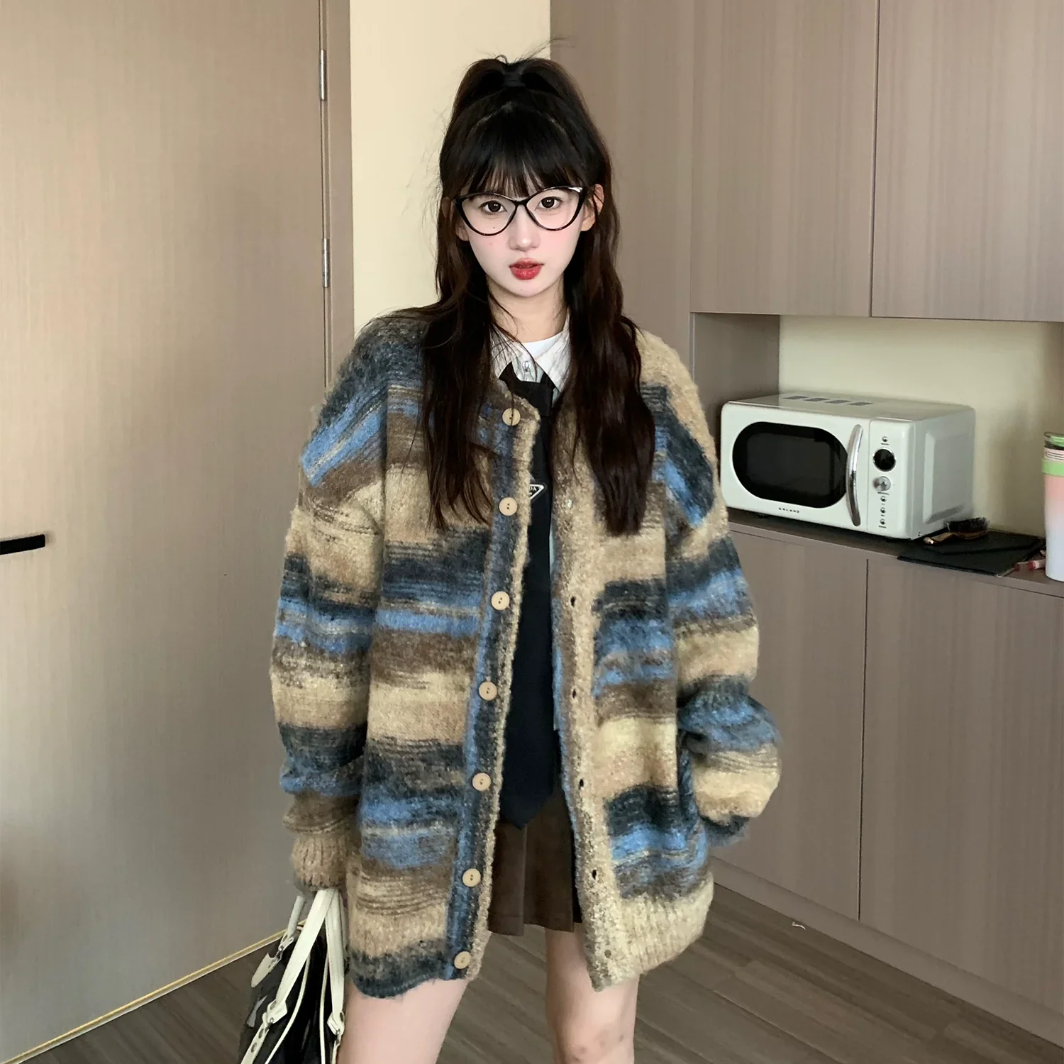 Oversized Fuzzy Striped Button-Up Cardigan - Image 13