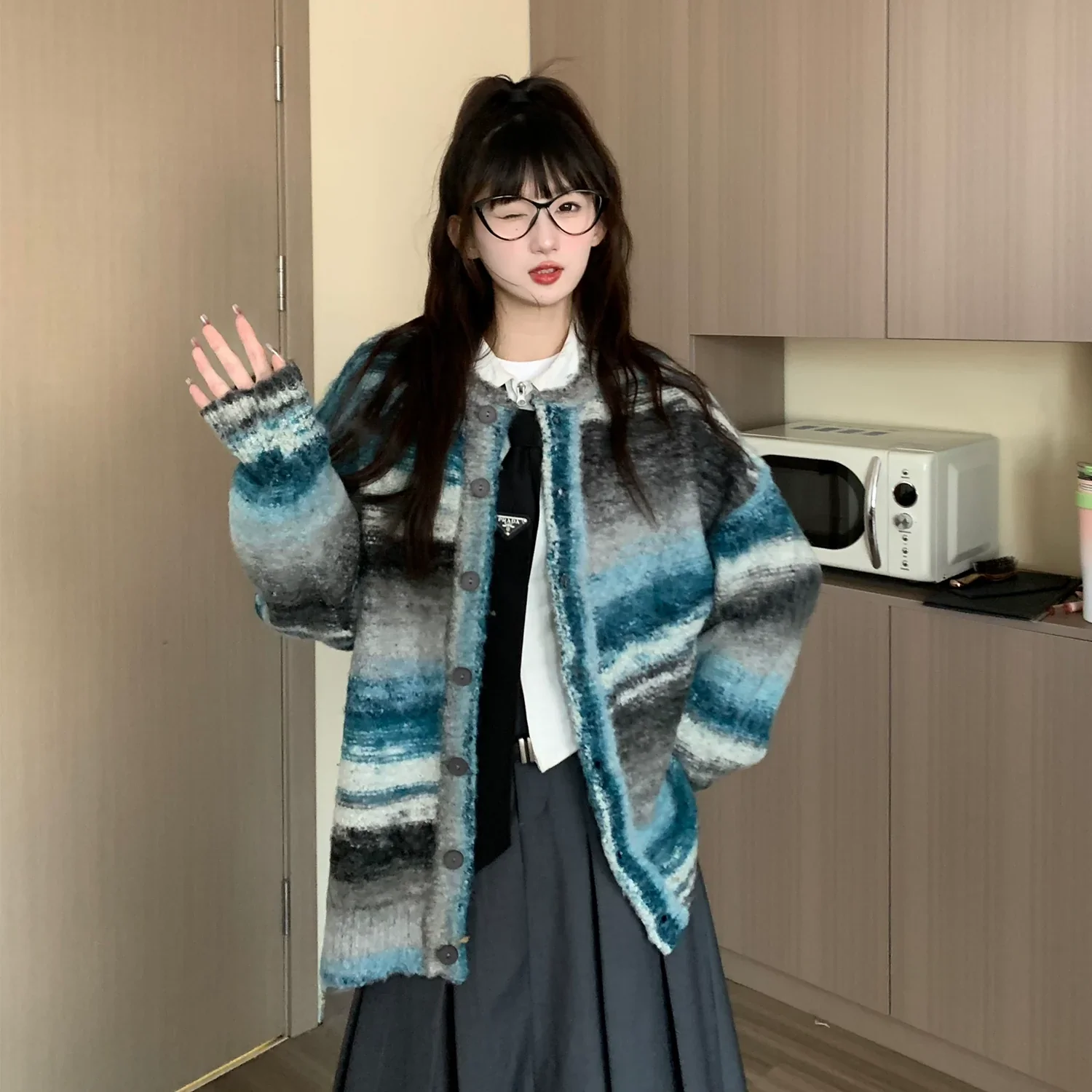 Oversized Fuzzy Striped Button-Up Cardigan - Image 3