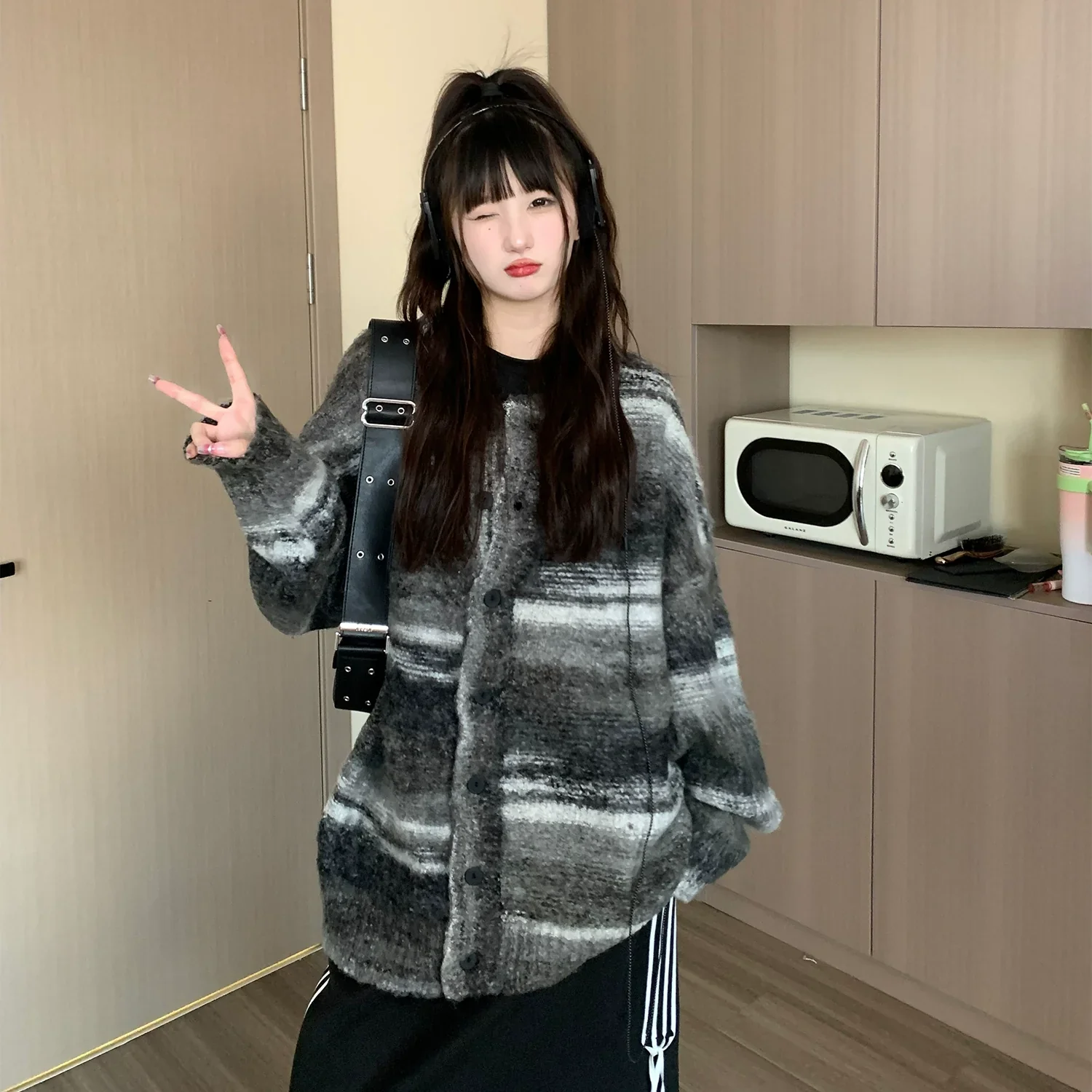 Oversized Fuzzy Striped Button-Up Cardigan - Image 4
