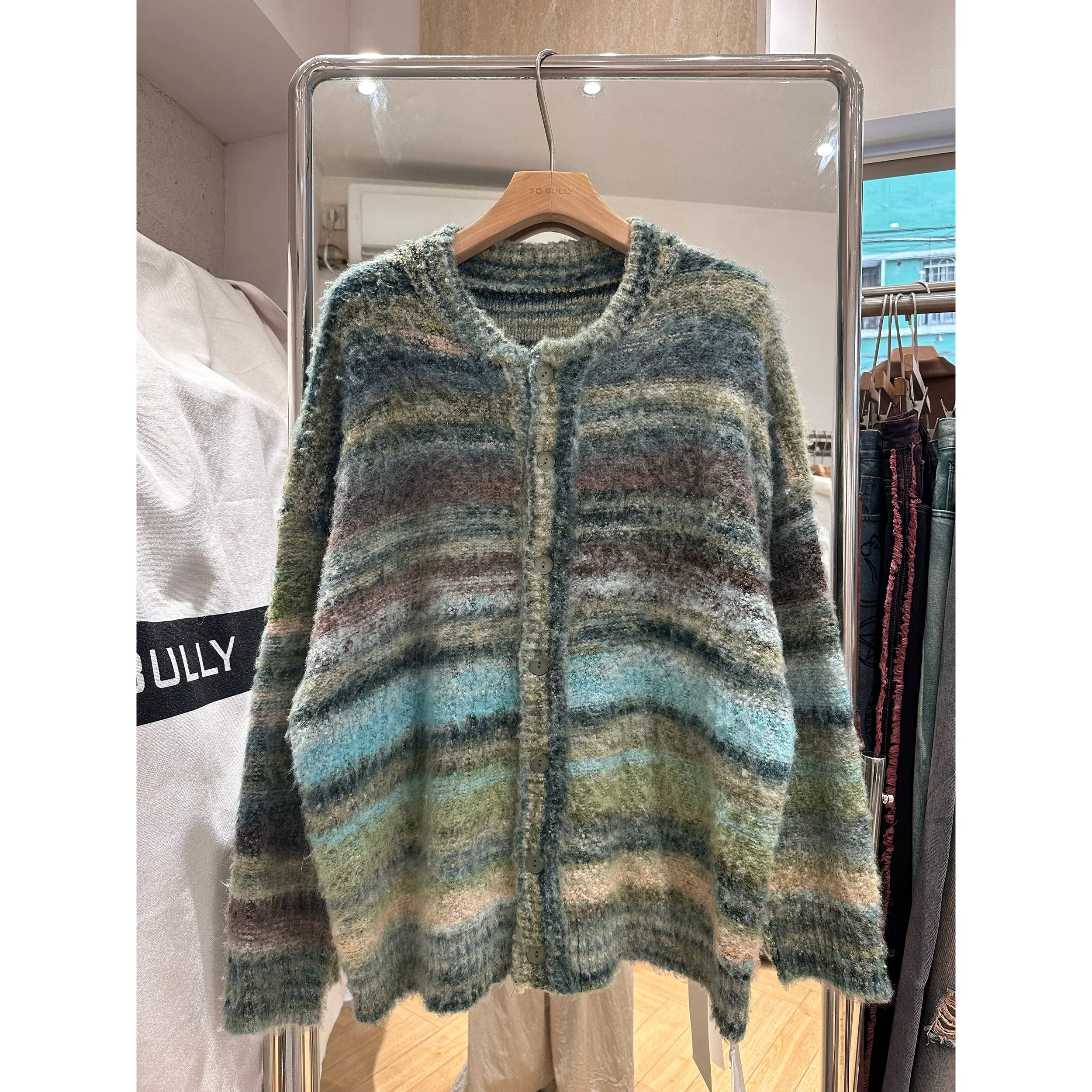 Oversized Fuzzy Striped Button-Up Cardigan - Image 5