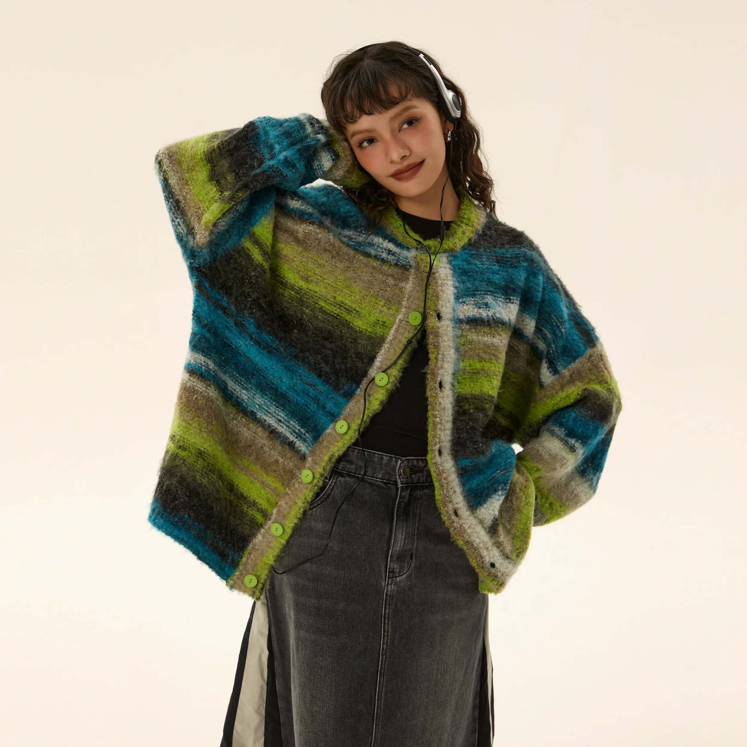 Oversized Fuzzy Striped Button-Up Cardigan - Image 6