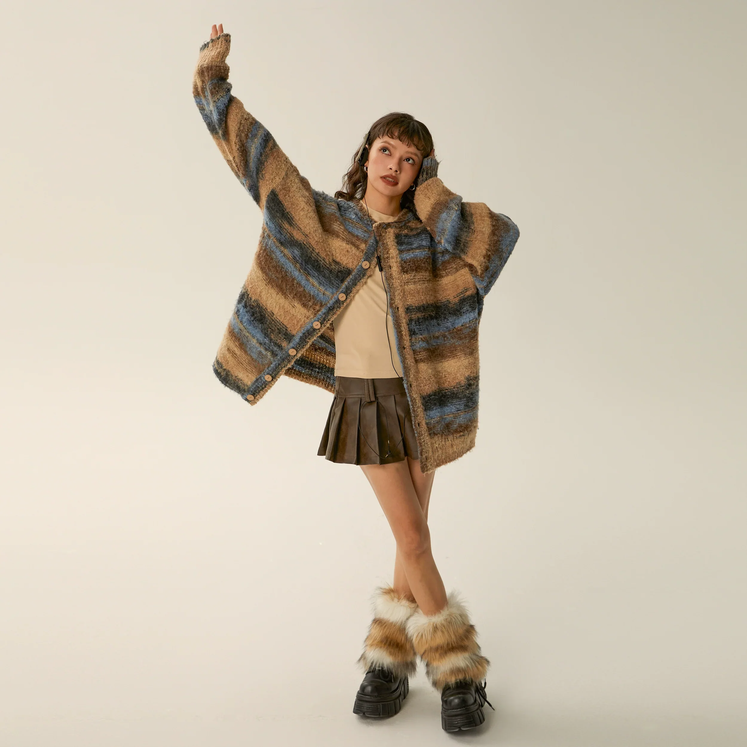 Oversized Fuzzy Striped Button-Up Cardigan - Image 7