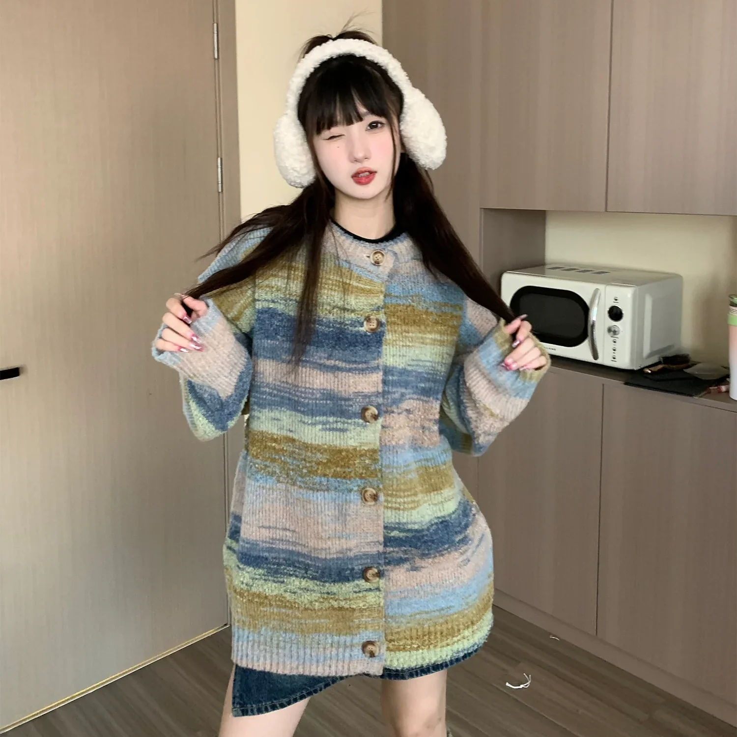 Oversized Fuzzy Striped Button-Up Cardigan - Image 9