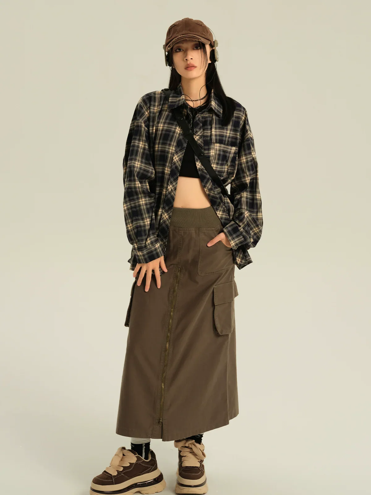 Oversized Navy Plaid Button Up Shirt - Image 2