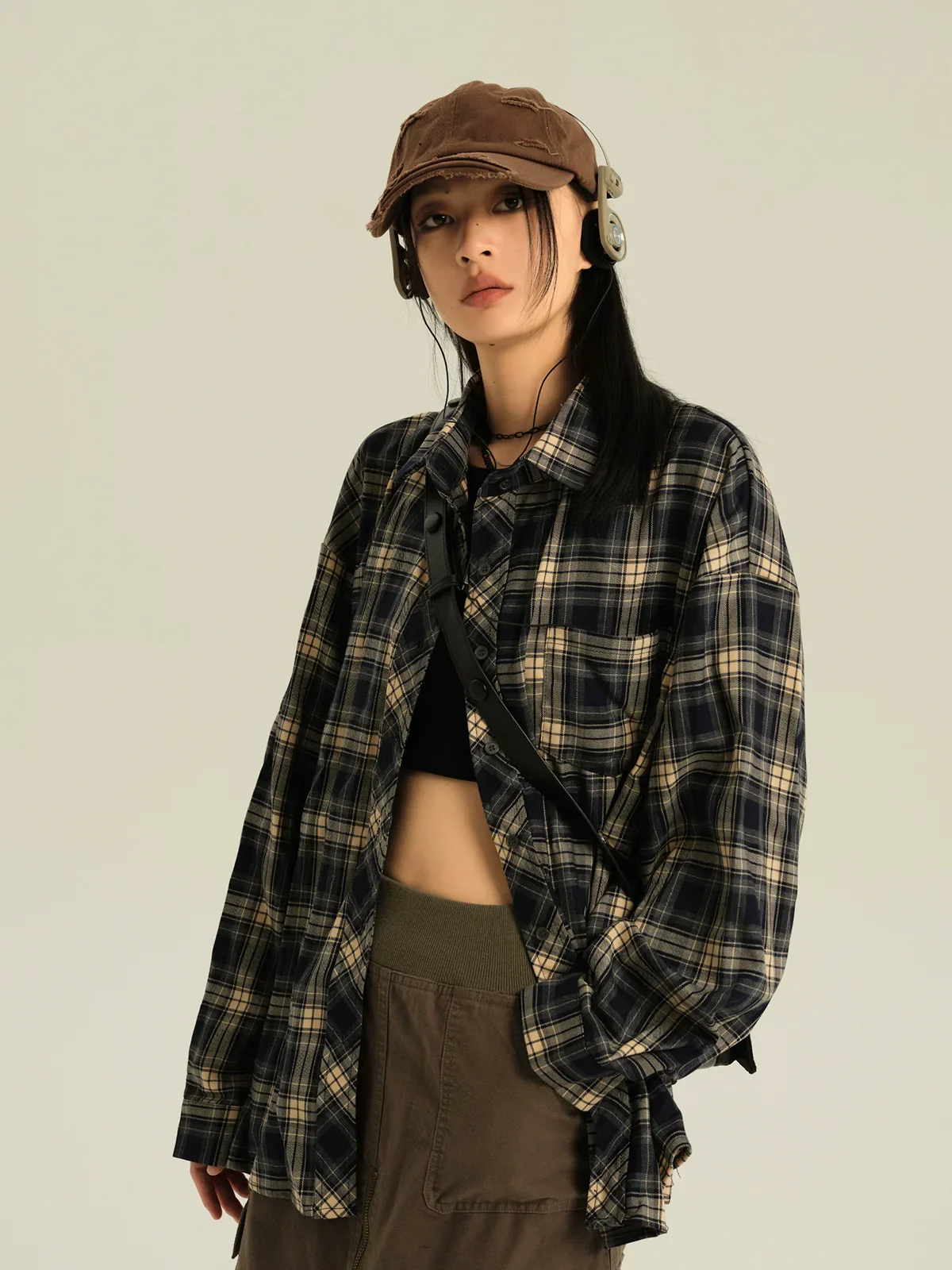 Oversized Navy Plaid Button Up Shirt - Image 3