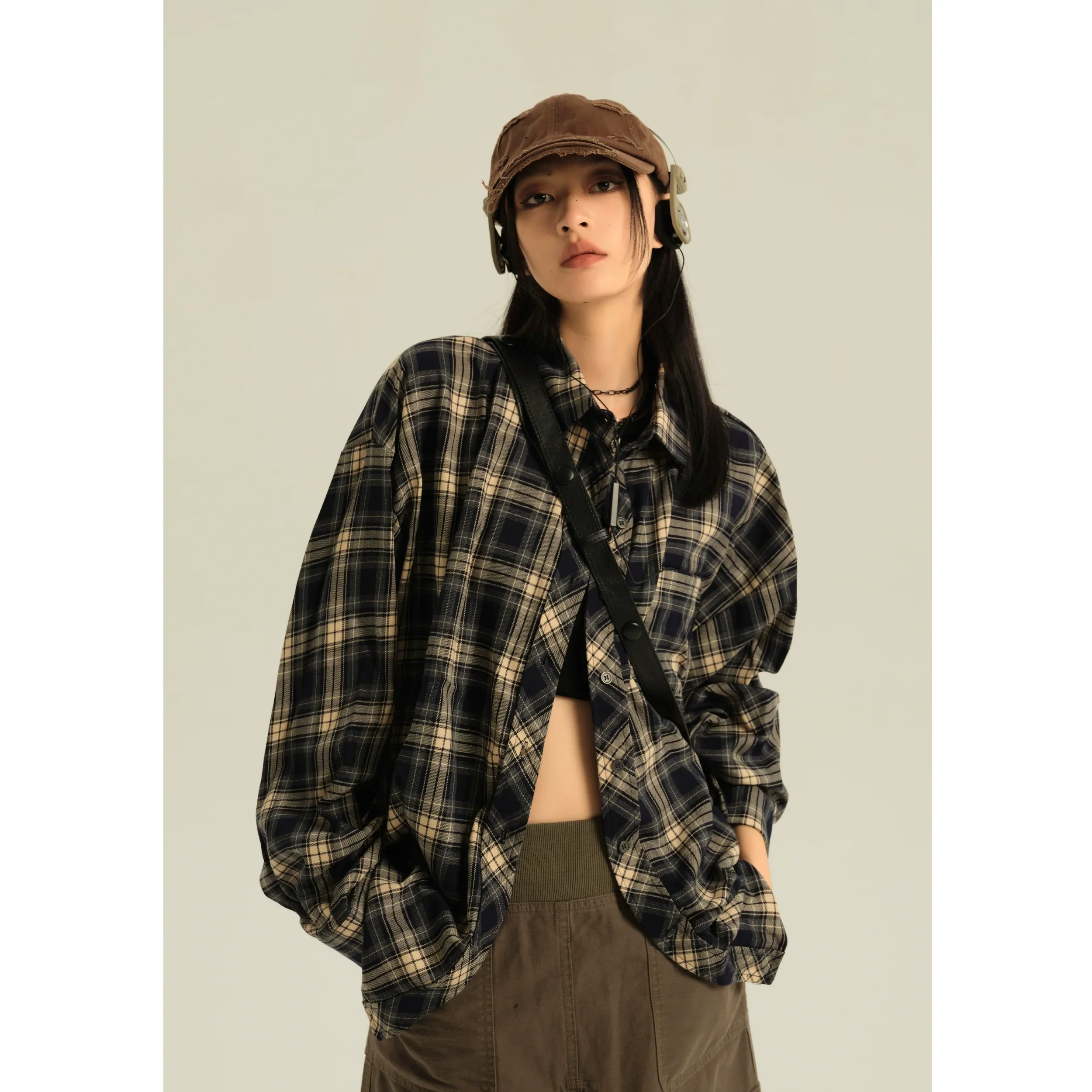 Oversized Navy Plaid Button Up Shirt - Image 4