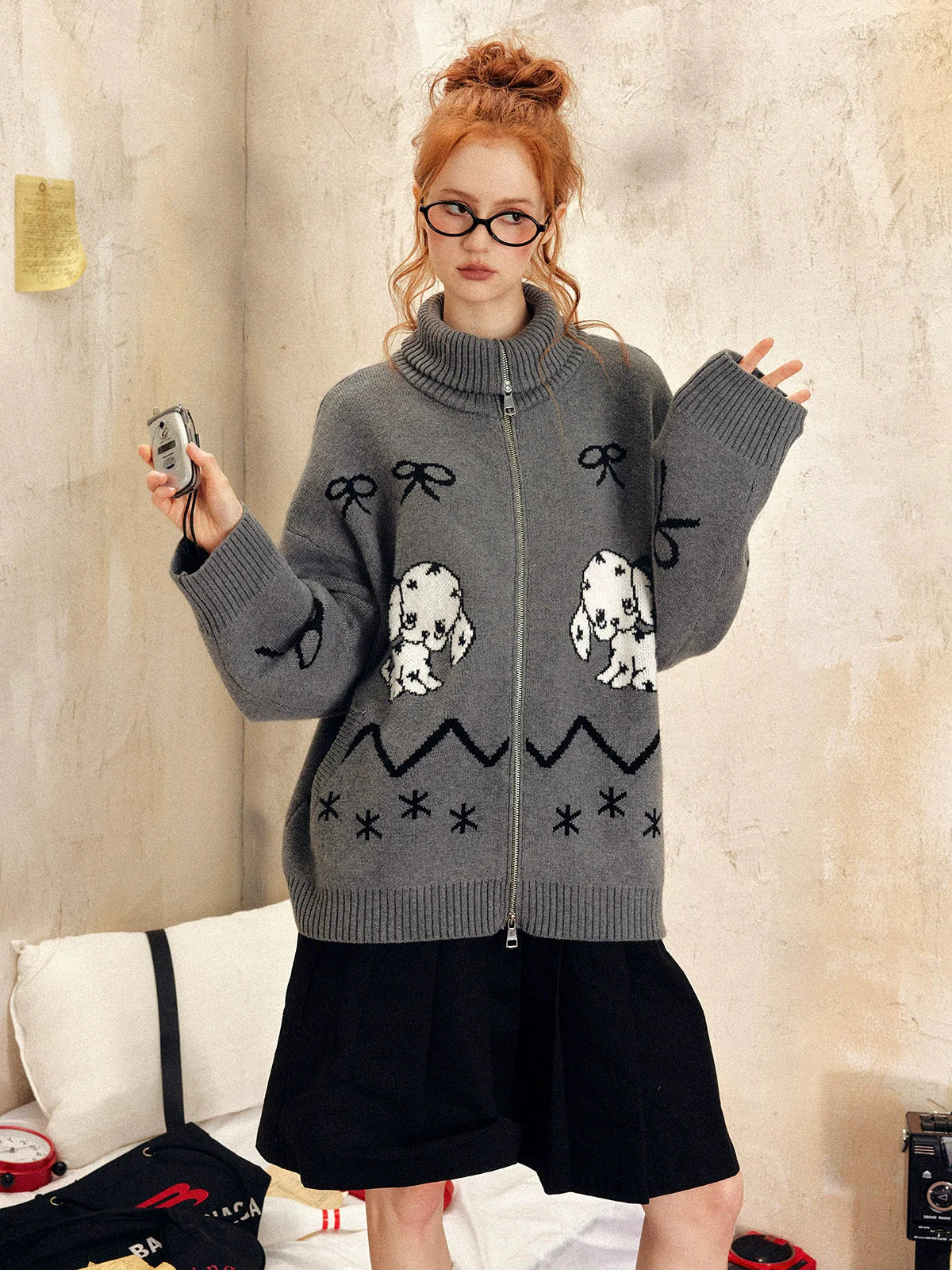 Oversized Zip-Up Sweater with Puppy Print - Image 2