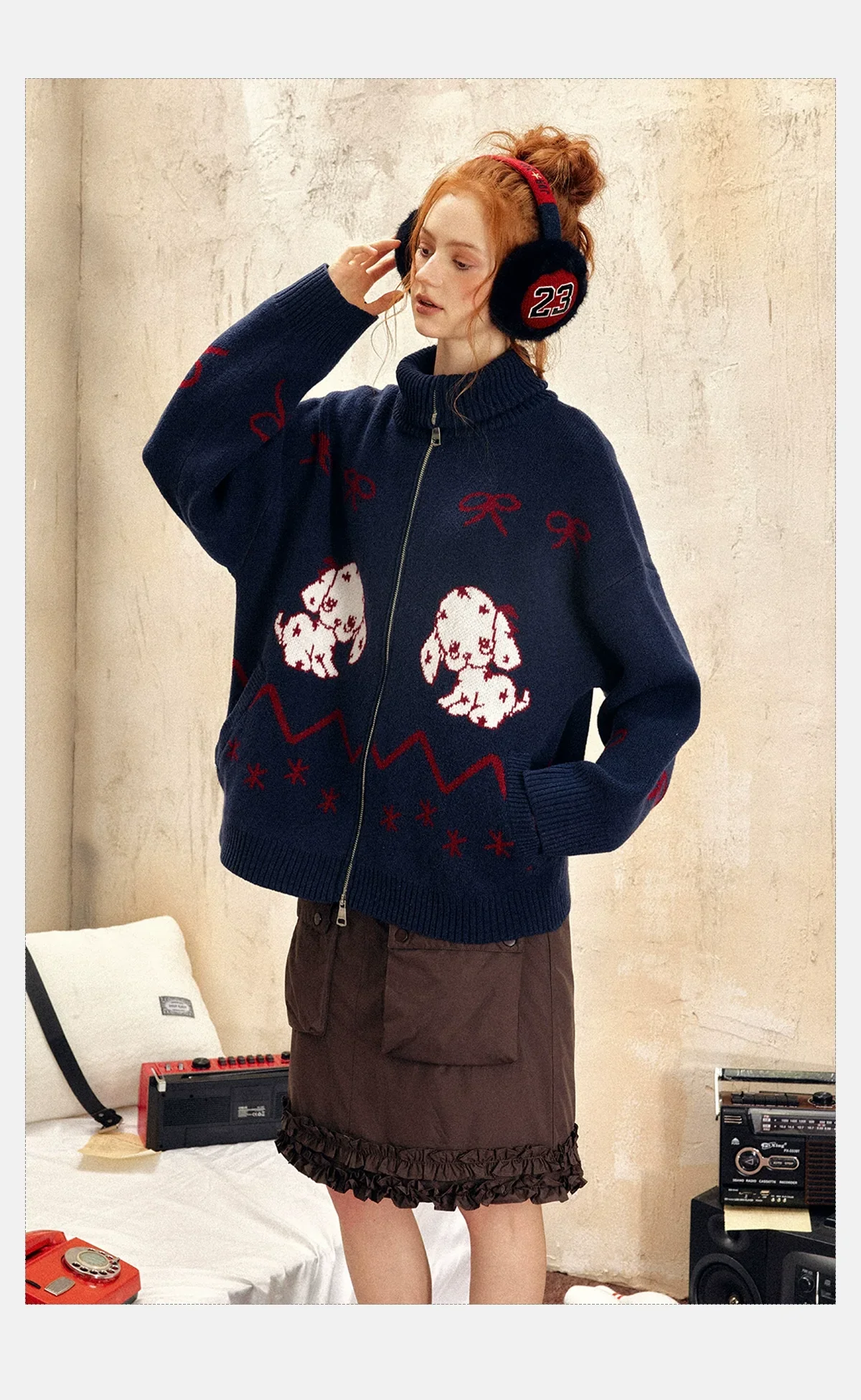 Oversized Zip-Up Sweater with Puppy Print - Image 5