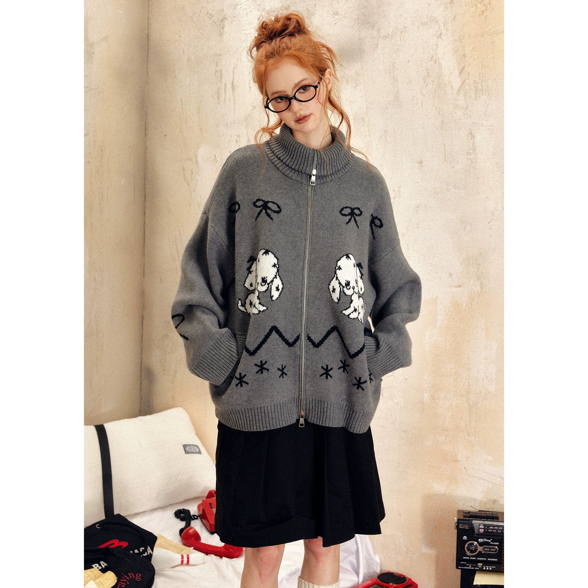 Oversized Zip-Up Sweater with Puppy Print - Image 6