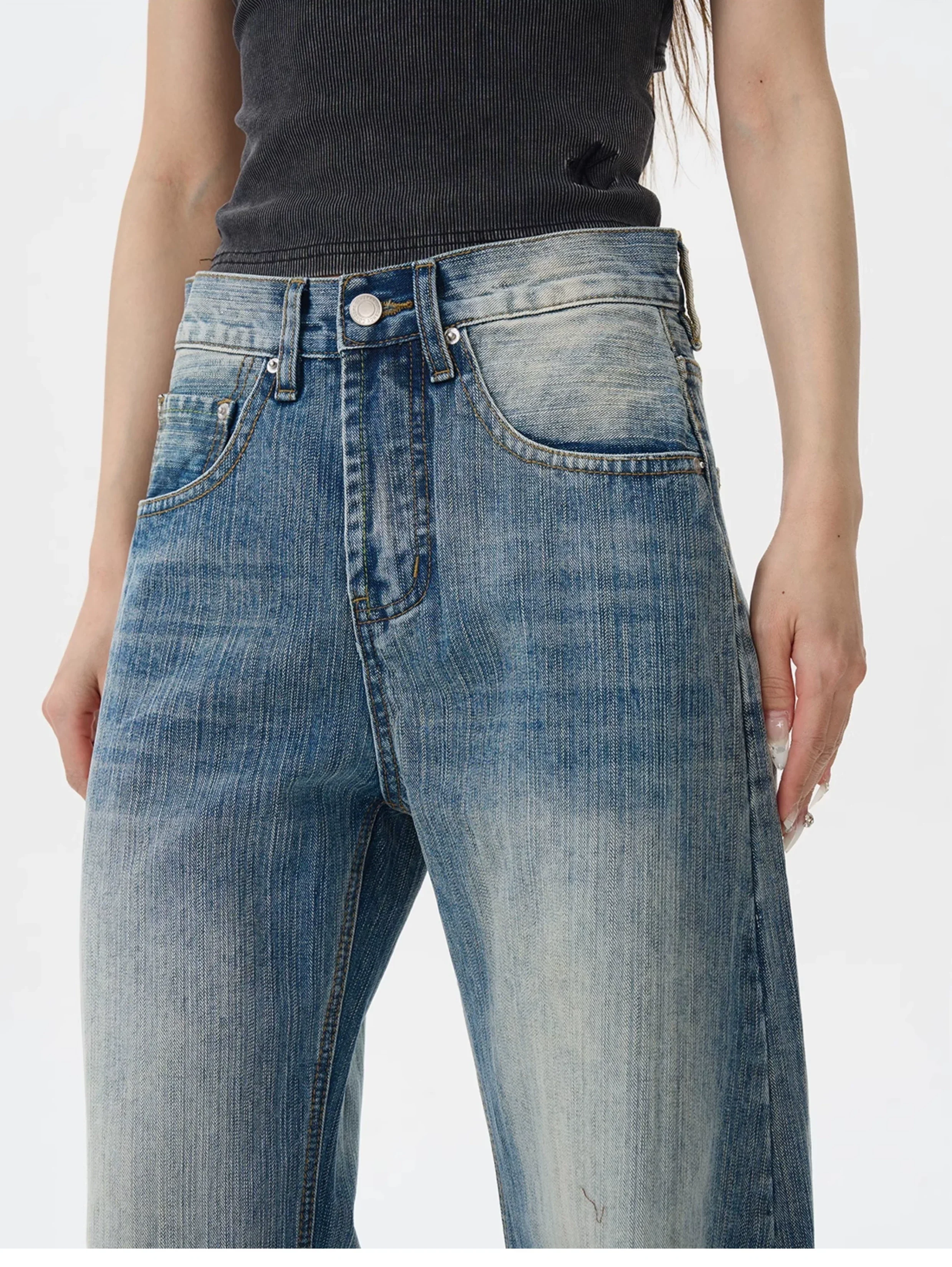 Heavy Knee Distressed Wide Leg Blue Jeans - Image 2