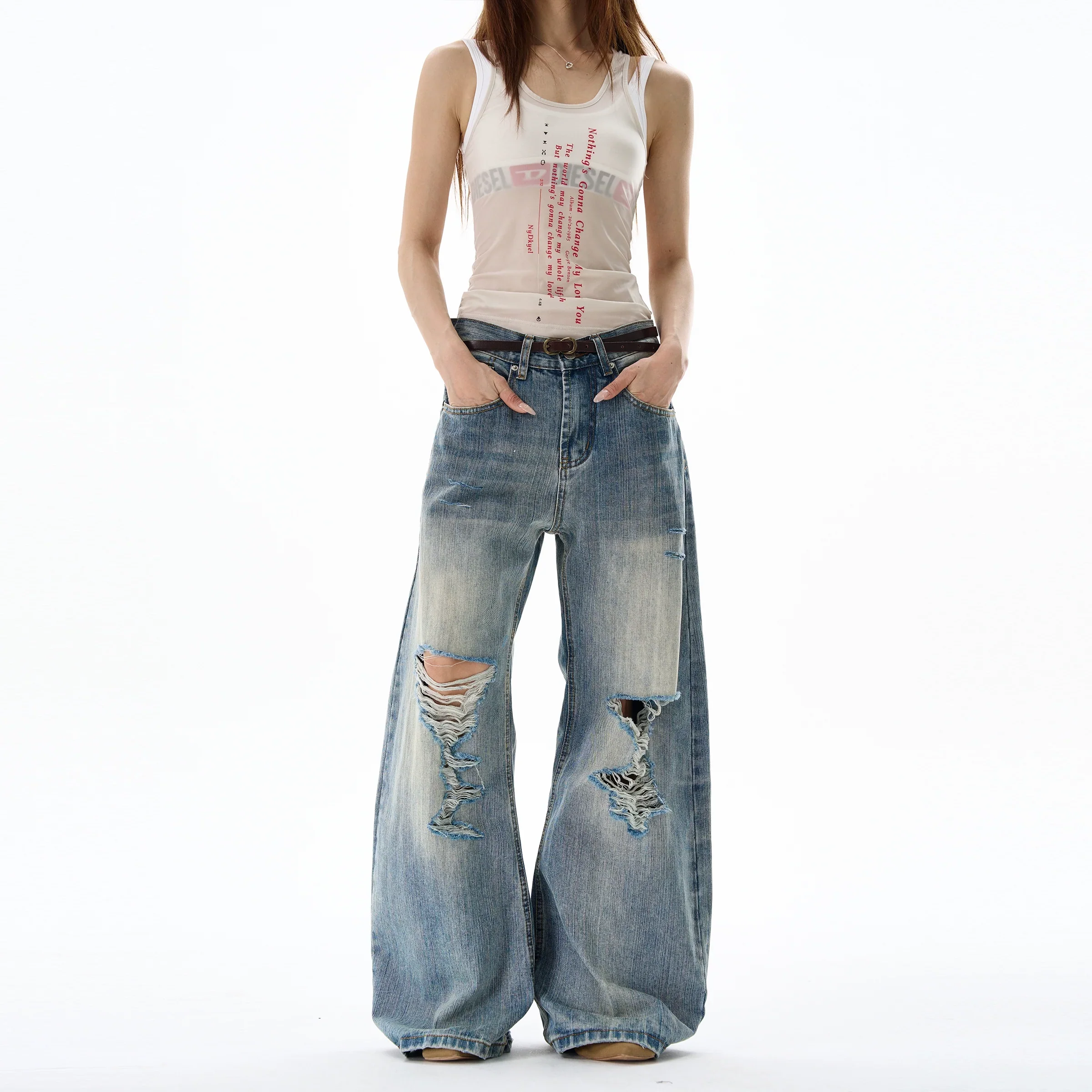 Heavy Knee Distressed Wide Leg Blue Jeans - Image 3