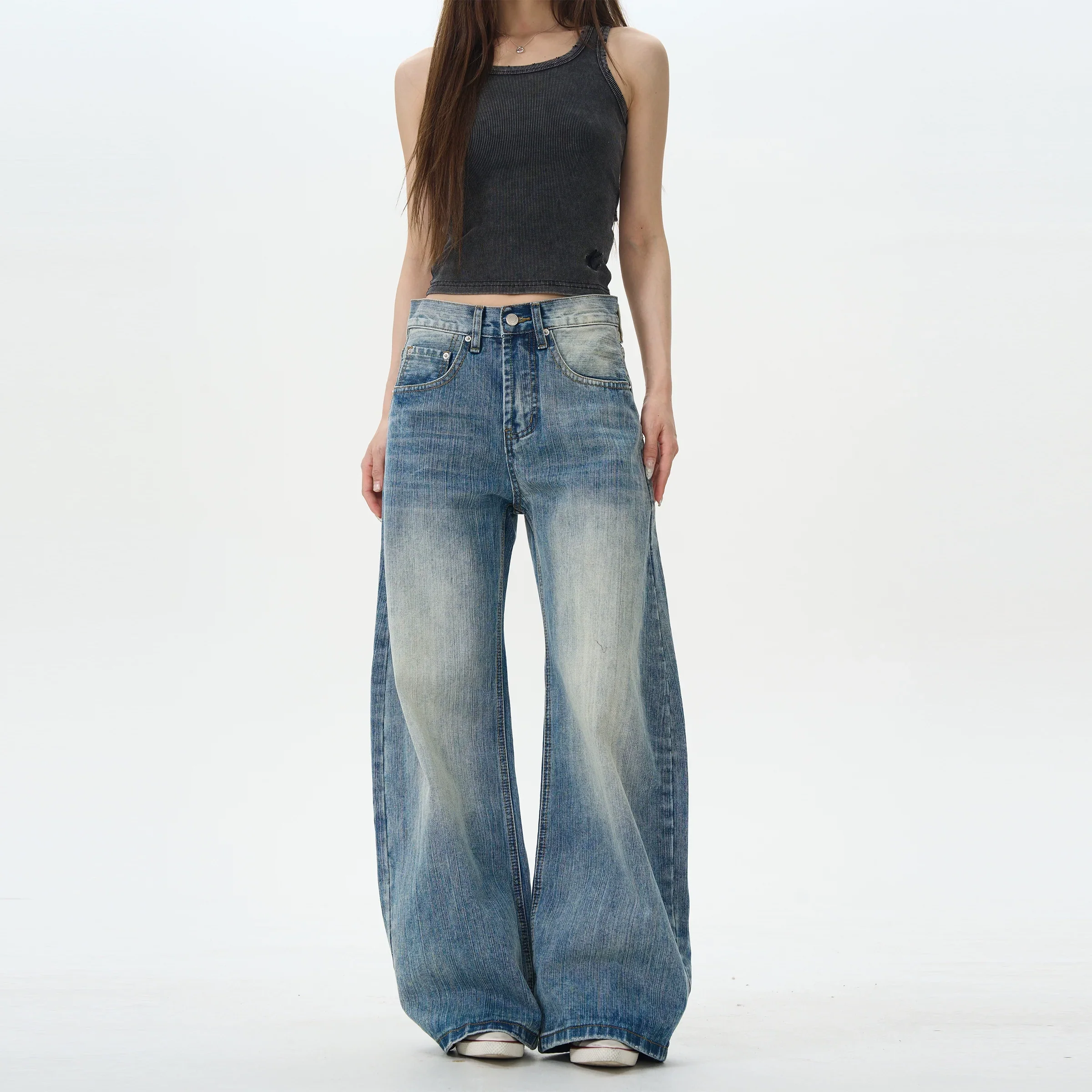 Heavy Knee Distressed Wide Leg Blue Jeans - Image 4