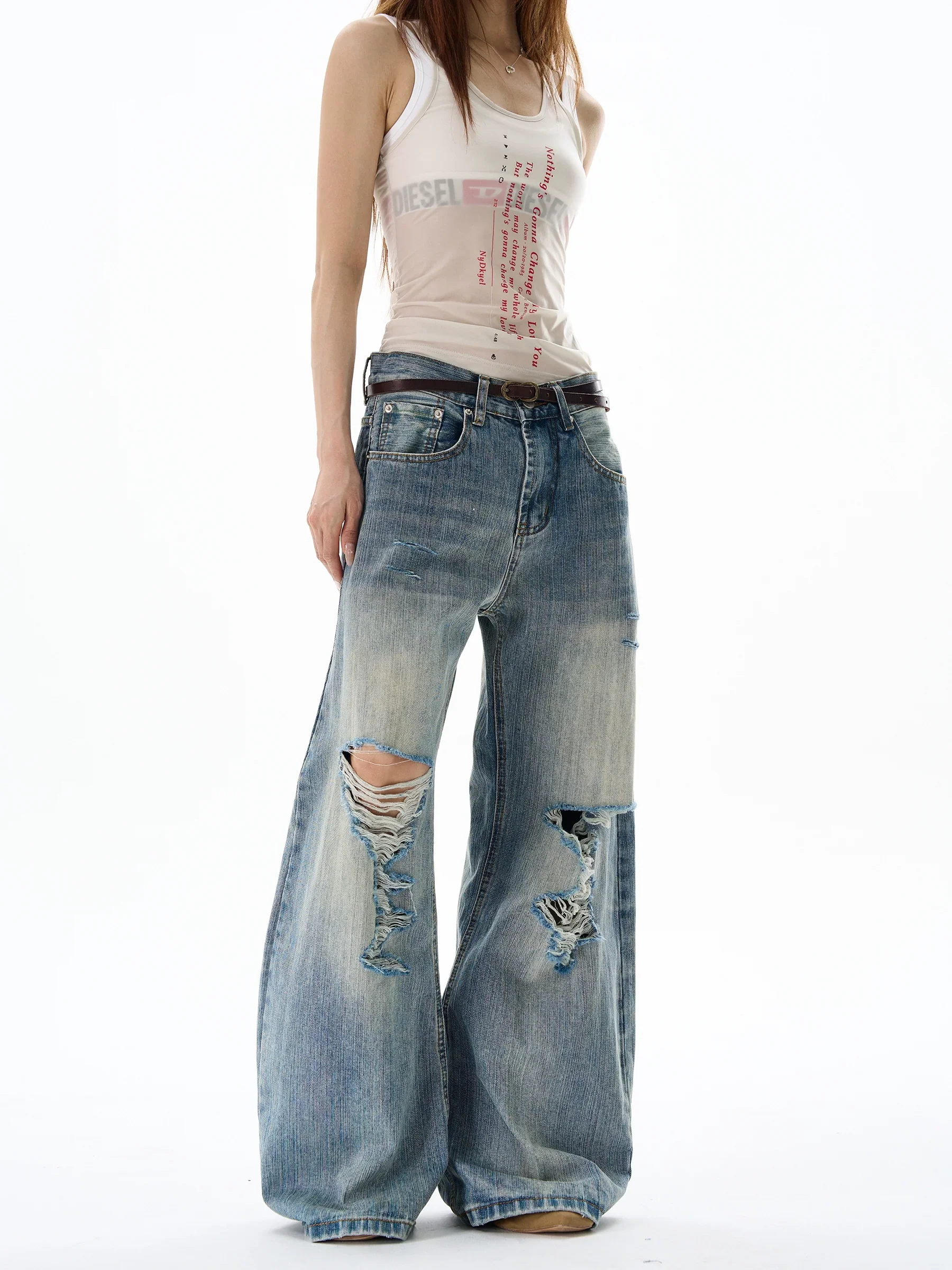 Heavy Knee Distressed Wide Leg Blue Jeans - Image 5