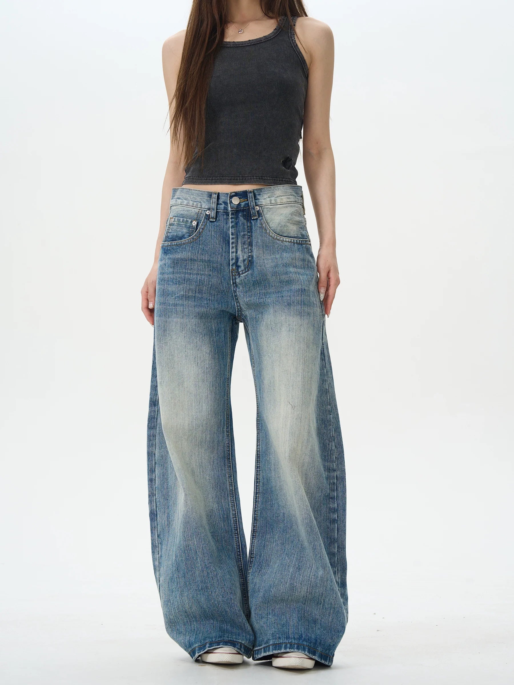 Heavy Knee Distressed Wide Leg Blue Jeans - Image 6