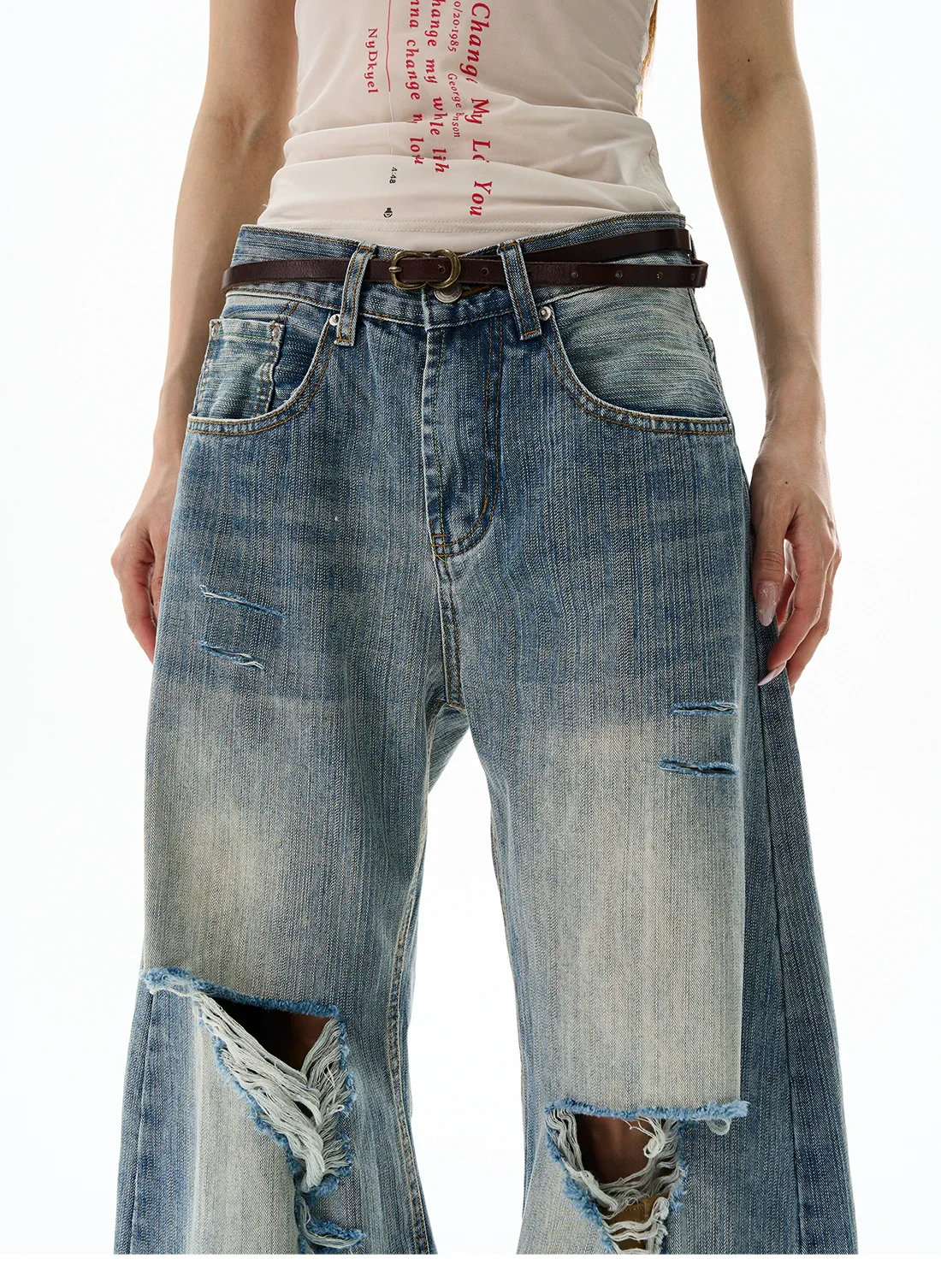 Heavy Knee Distressed Wide Leg Blue Jeans - Image 8