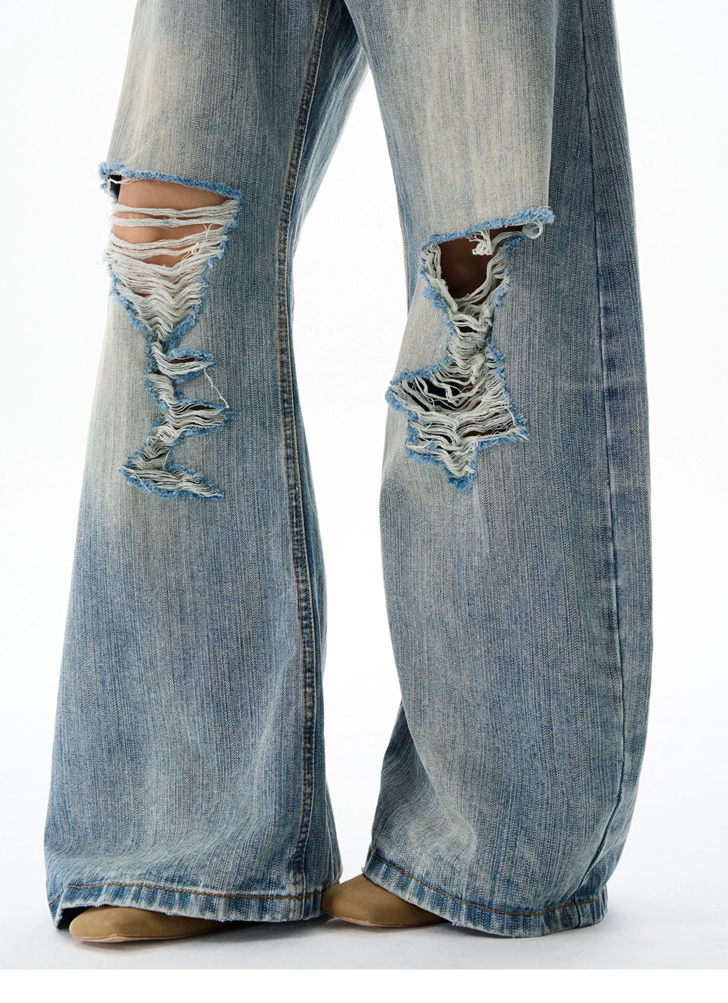 Heavy Knee Distressed Wide Leg Blue Jeans - Image 9
