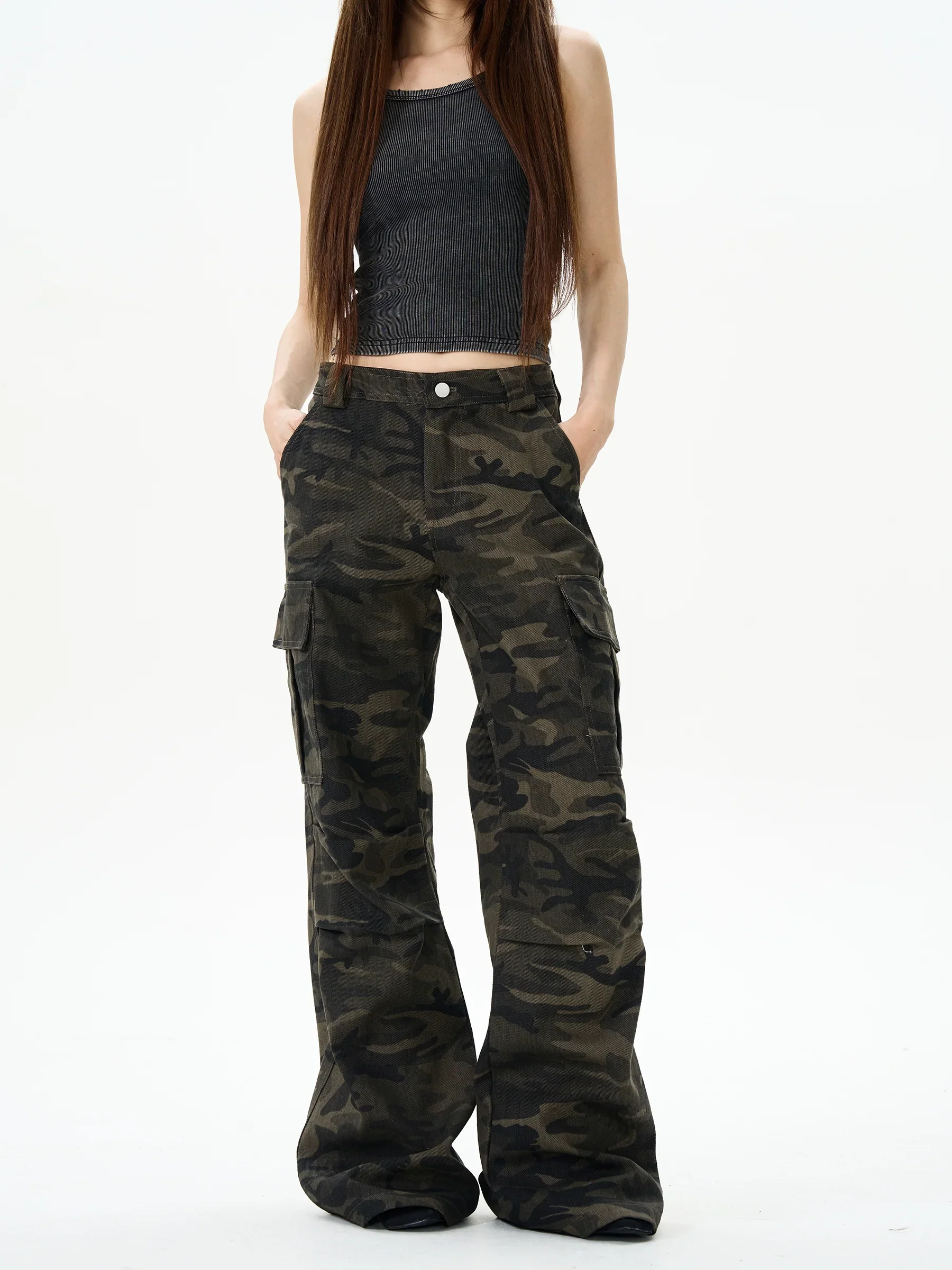 Camo Print Wide-Leg Multi-Pocket Cargo Pants - Image 2
