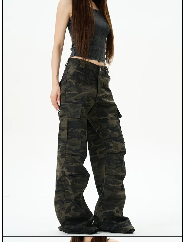Camo Print Wide-Leg Multi-Pocket Cargo Pants - Image 3