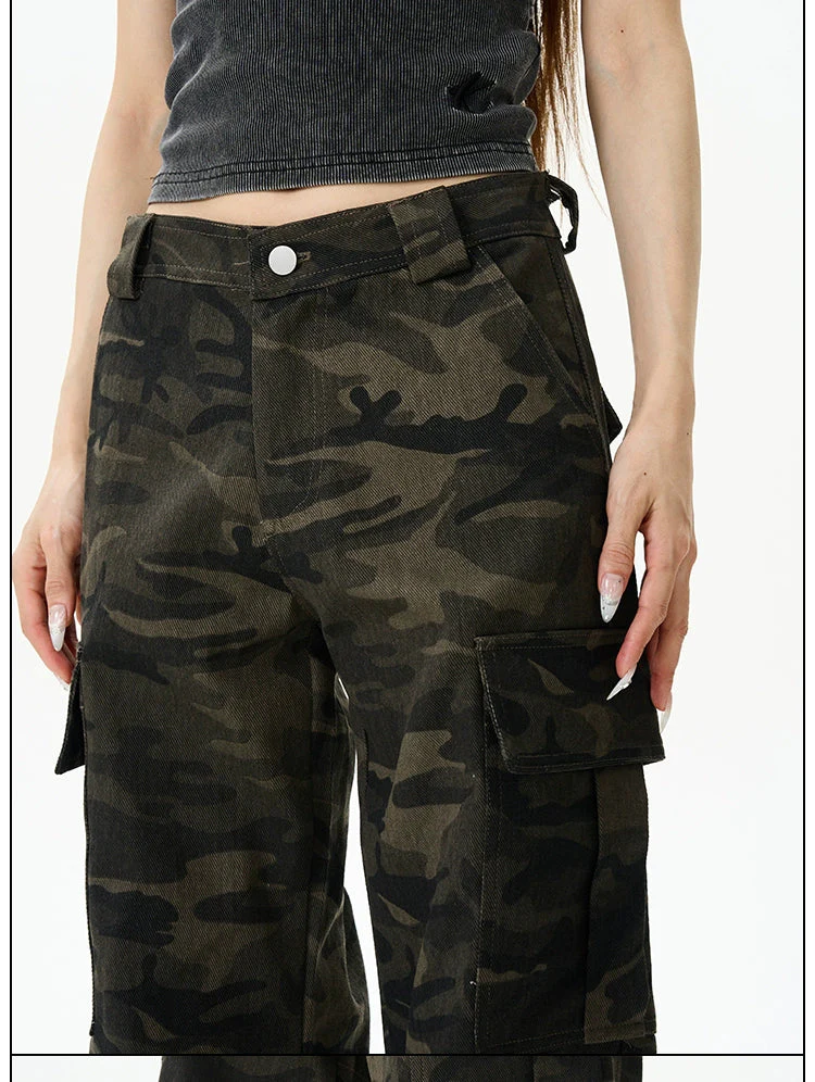 Camo Print Wide-Leg Multi-Pocket Cargo Pants - Image 5