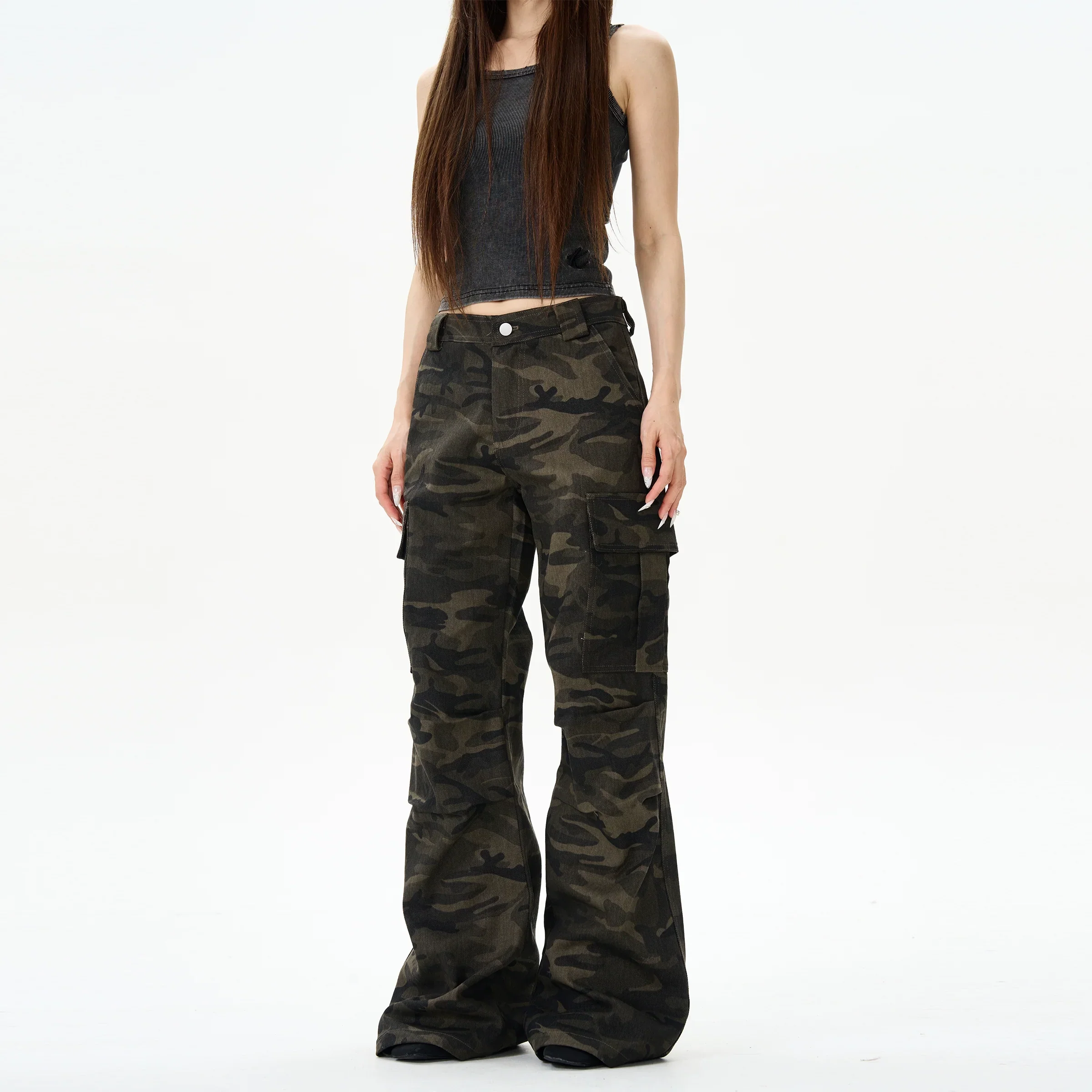 Camo Print Wide-Leg Multi-Pocket Cargo Pants - Image 7