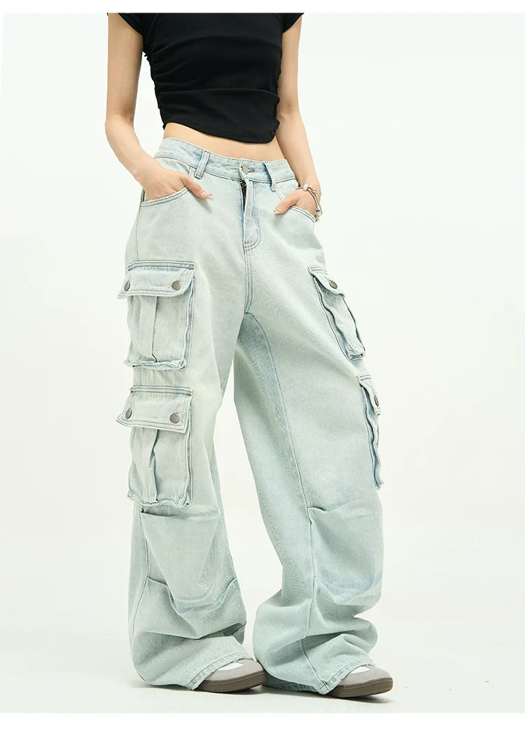 Light Wash Baggy Cargo Jeans with Multiple Flap Pockets - Image 10