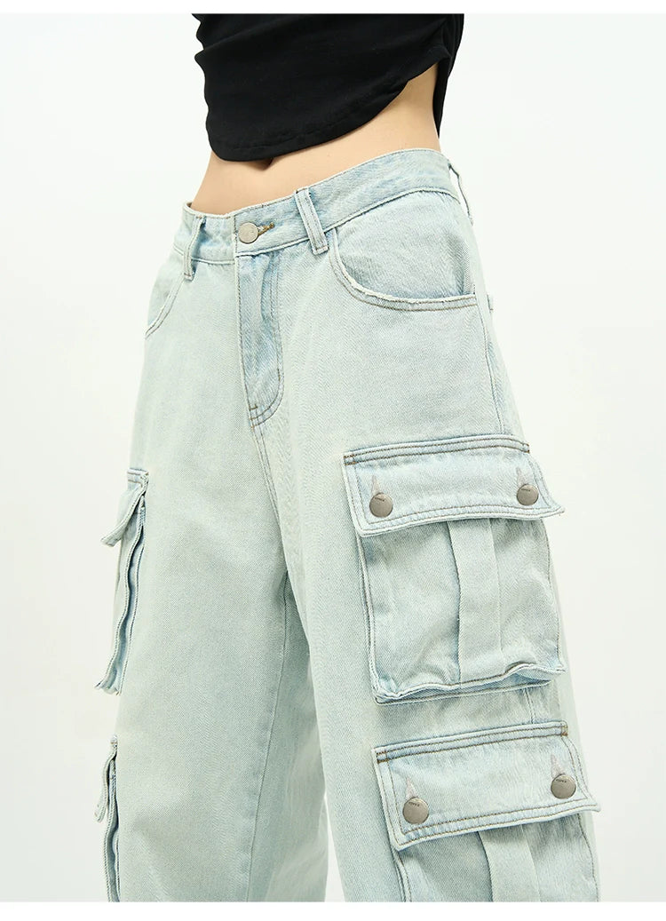 Light Wash Baggy Cargo Jeans with Multiple Flap Pockets - Image 11