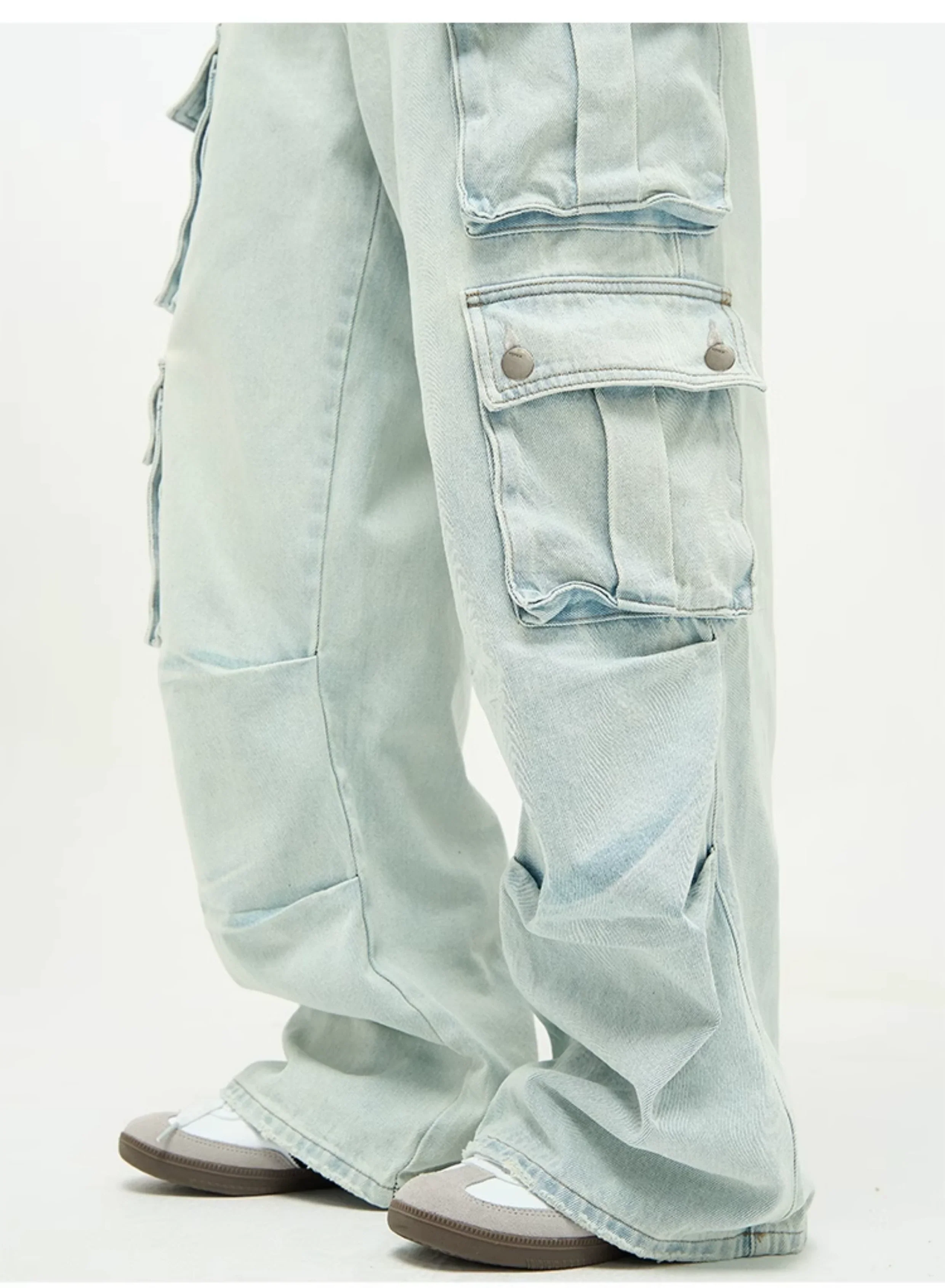 Light Wash Baggy Cargo Jeans with Multiple Flap Pockets - Image 2