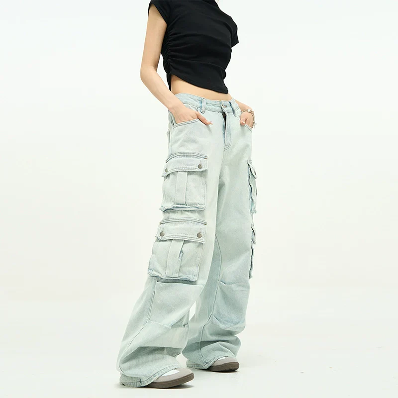 Light Wash Baggy Cargo Jeans with Multiple Flap Pockets - Image 3